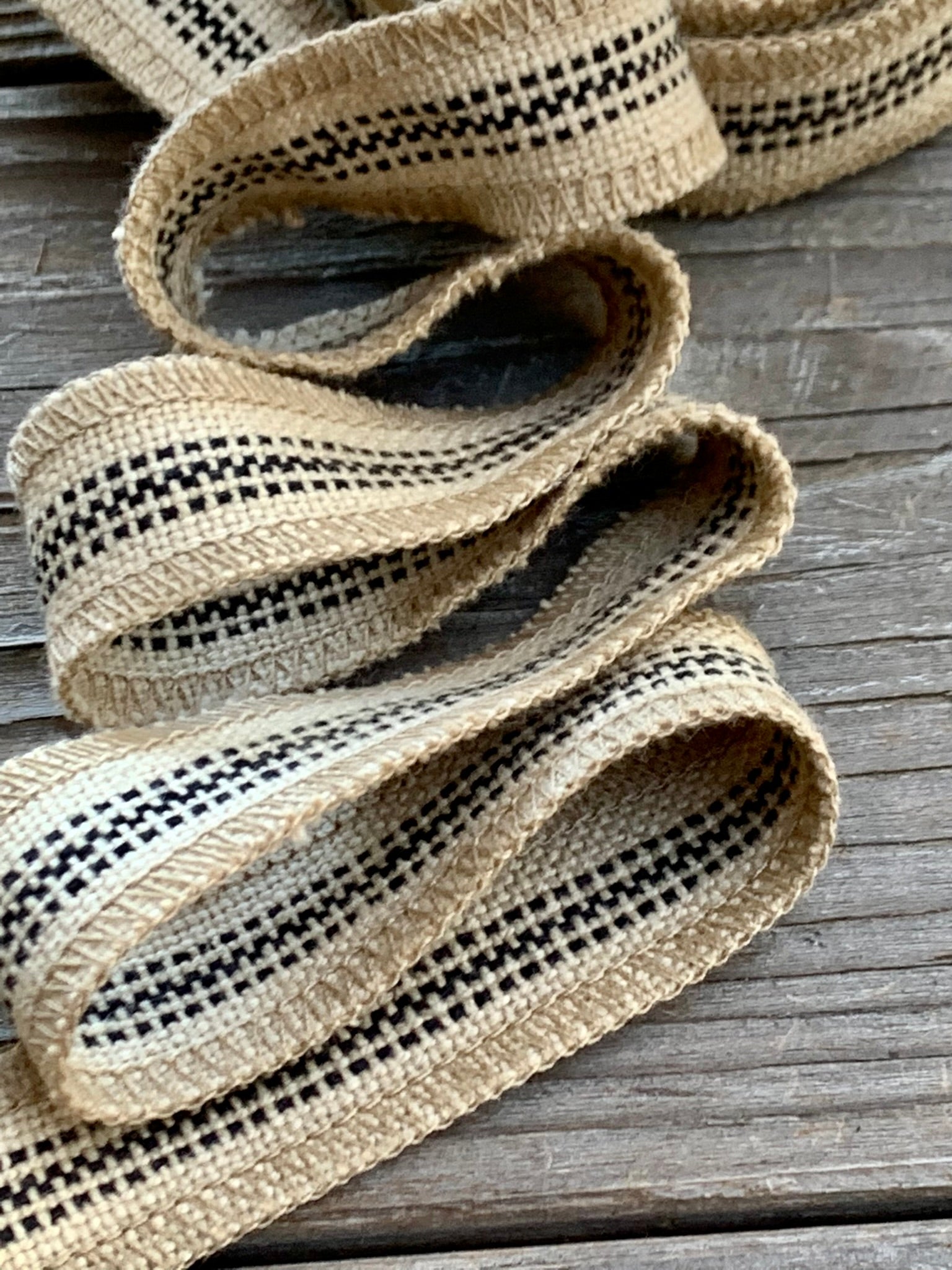Grain Sack Ribbon - Black & Beige Stripe - 1" Wide