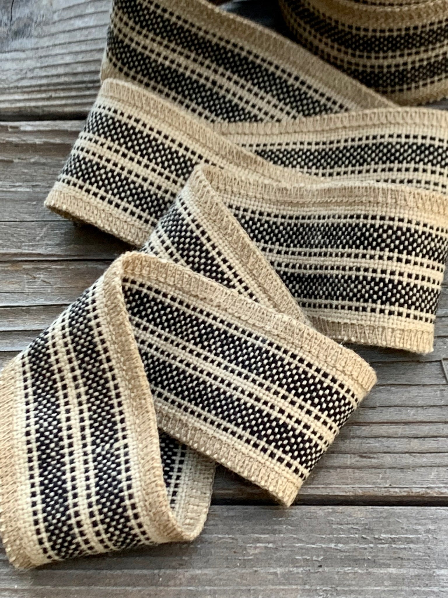 Grain Sack Ribbon - Black & Beige Stripe - 1 3/4" Wide