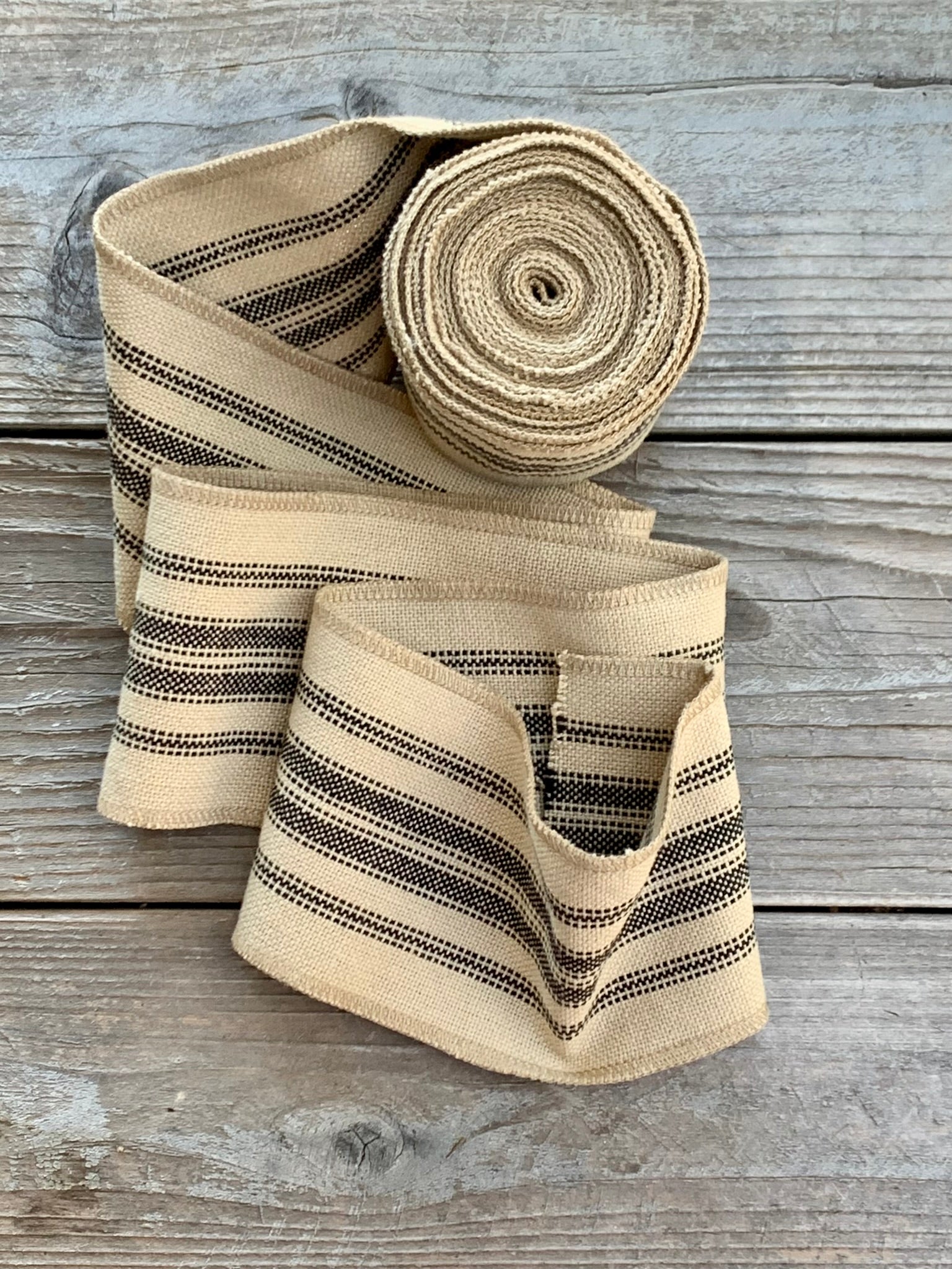 Grain Sack Ribbon - Black & Beige - 4" Wide