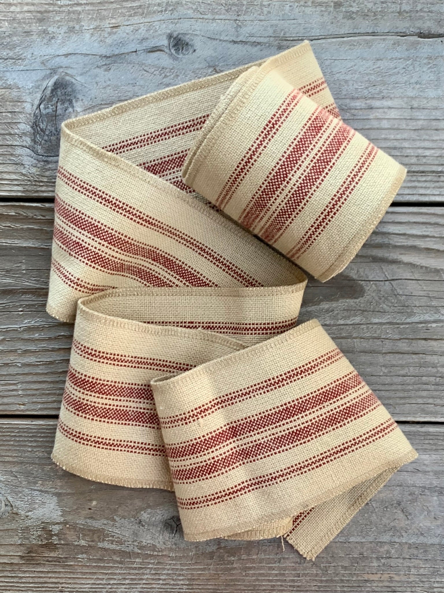 Grain Sack Ribbon - Red & Beige - 4" Wide