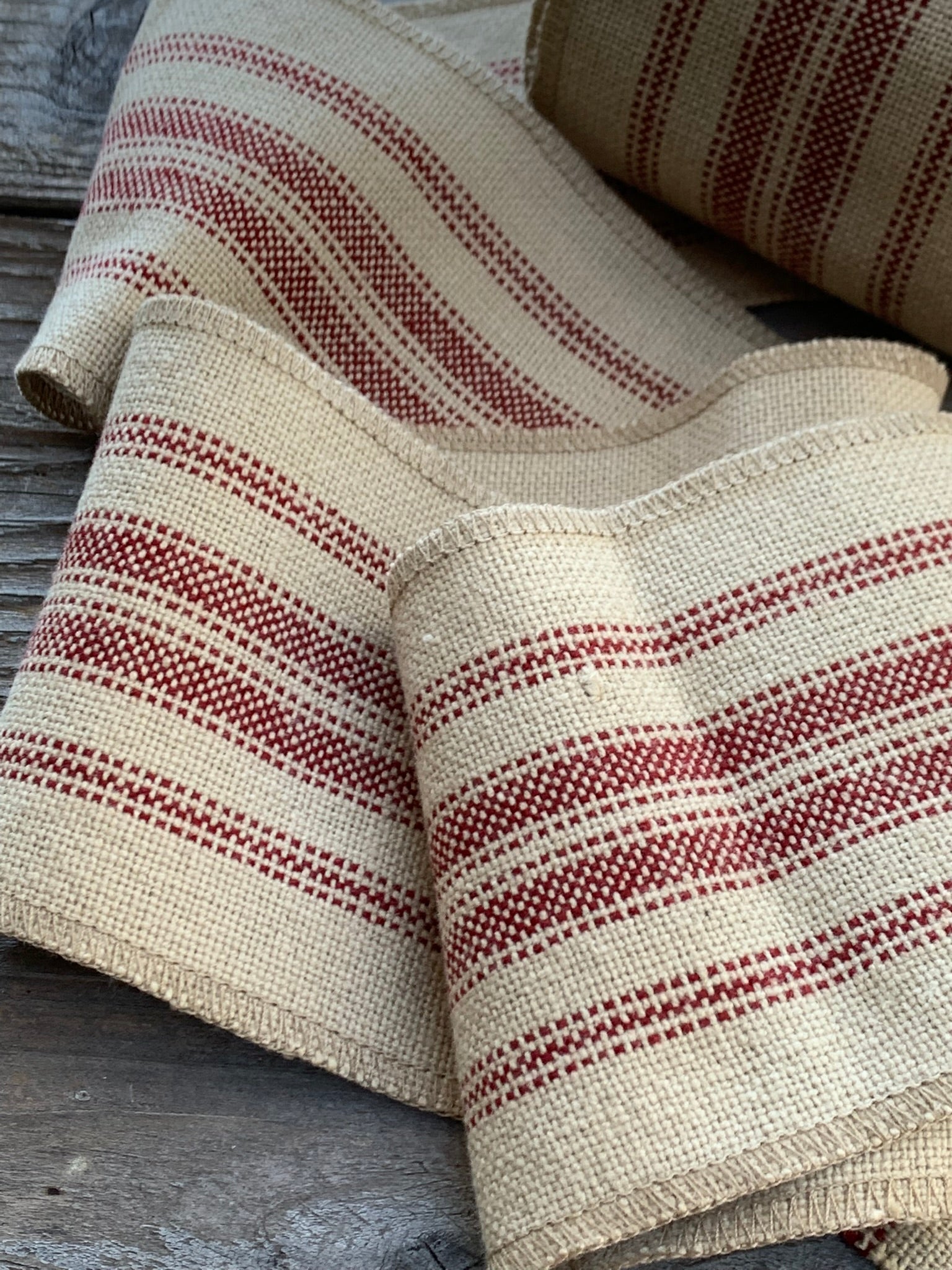 Grain Sack Ribbon - Red & Beige - 4" Wide