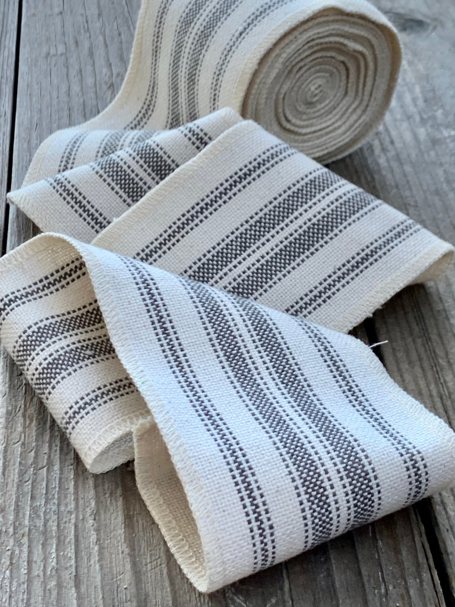 Grain Sack Ribbon - Soft Gray and Natural Off-White - 4" Wide