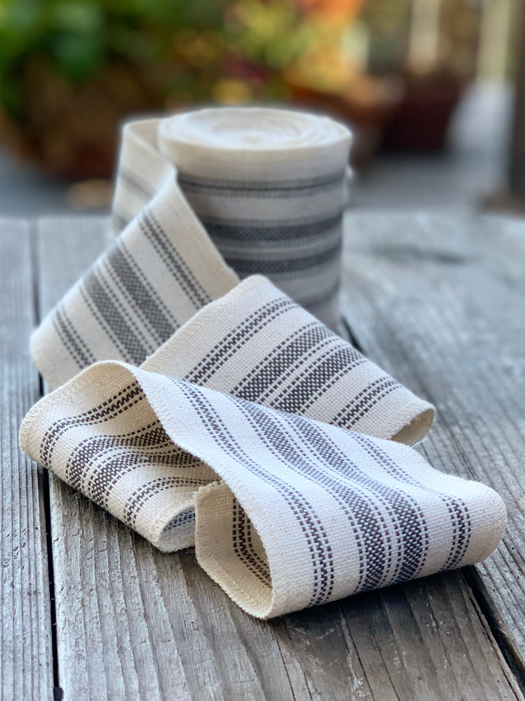 Grain Sack Ribbon - Soft Gray and Natural Off-White - 4" Wide