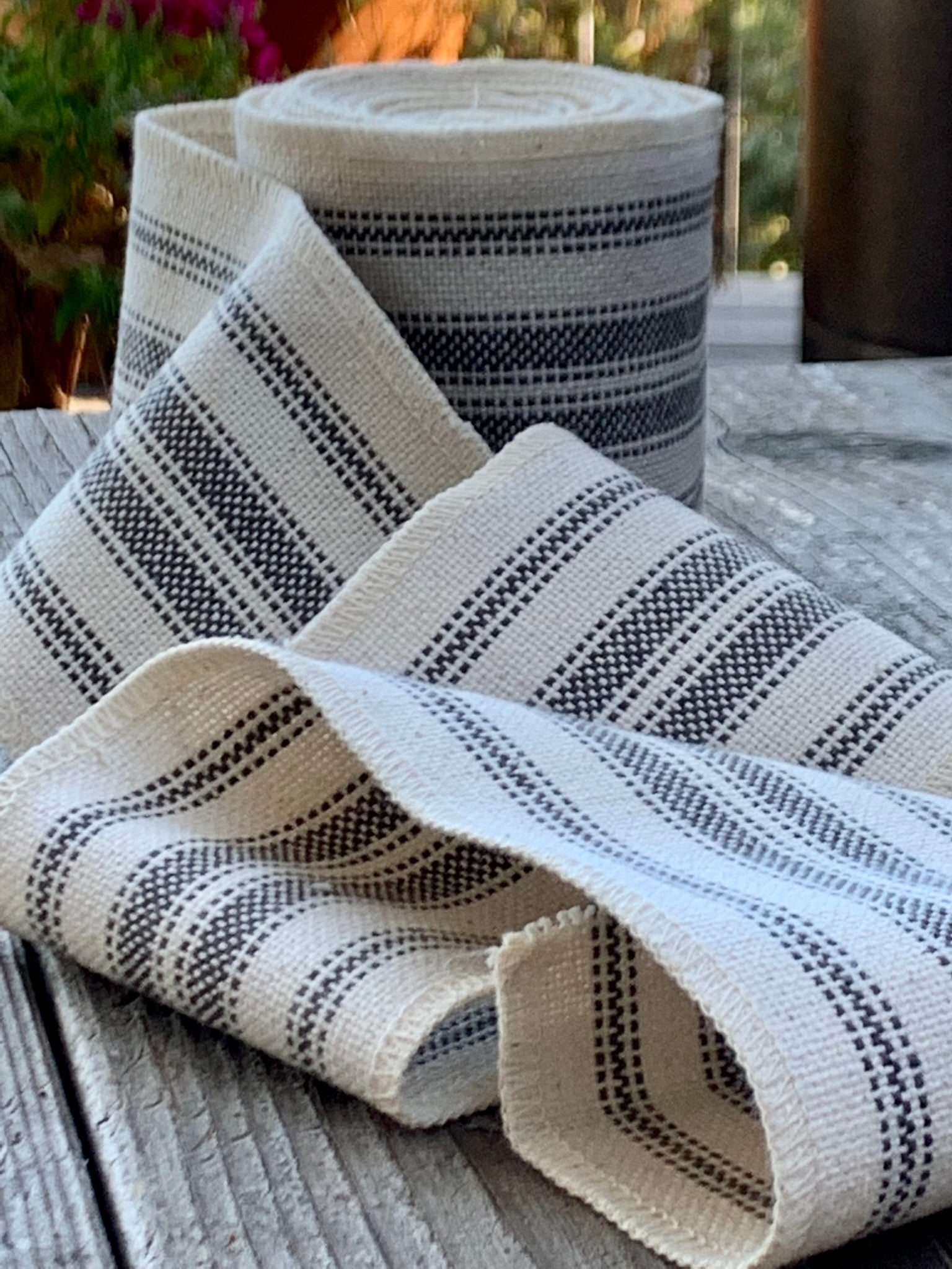 Grain Sack Ribbon - Soft Gray and Natural Off-White - 4" Wide