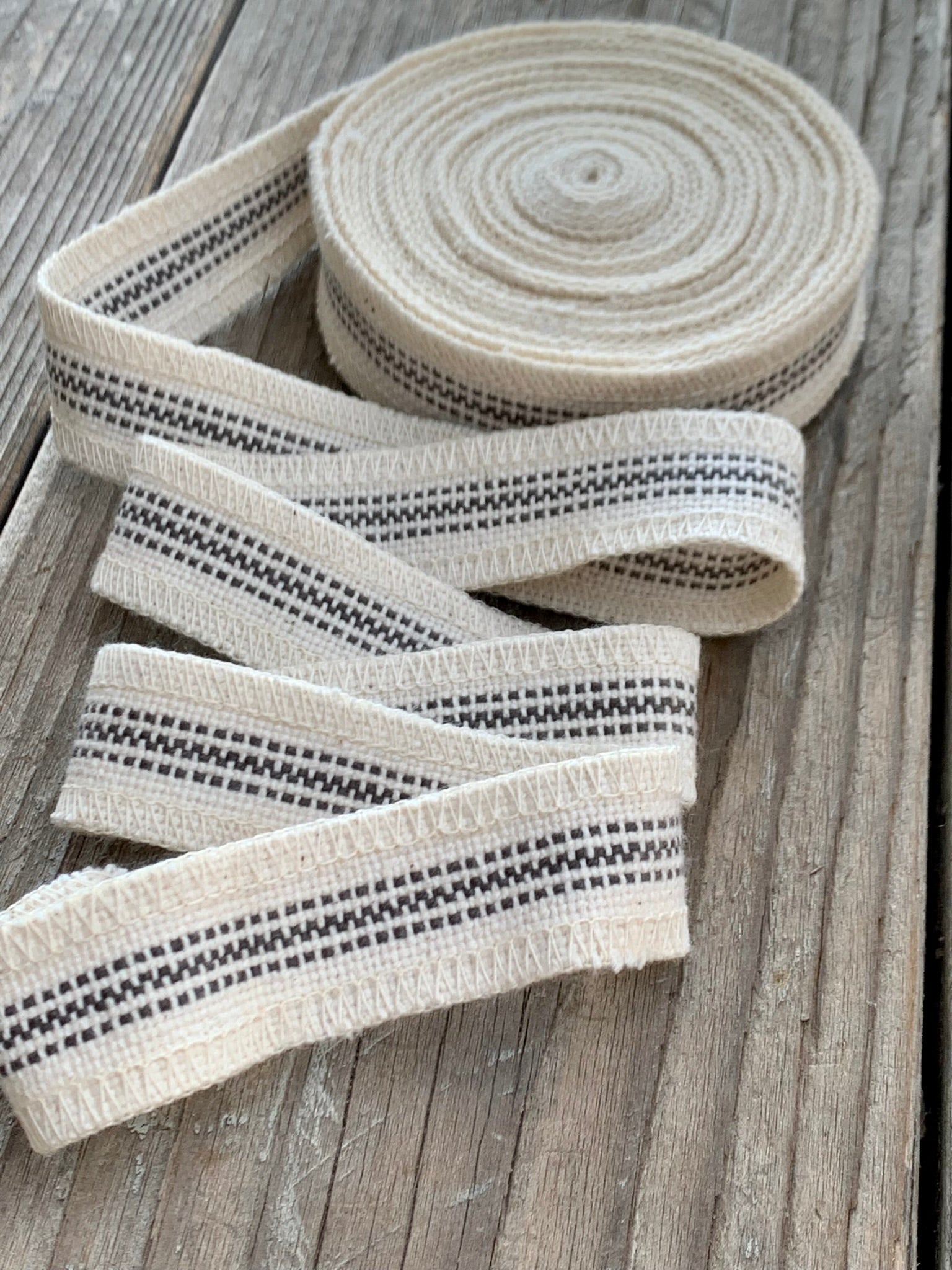 Grain Sack Ribbon - Gray and Cream Stripe - 1" Wide