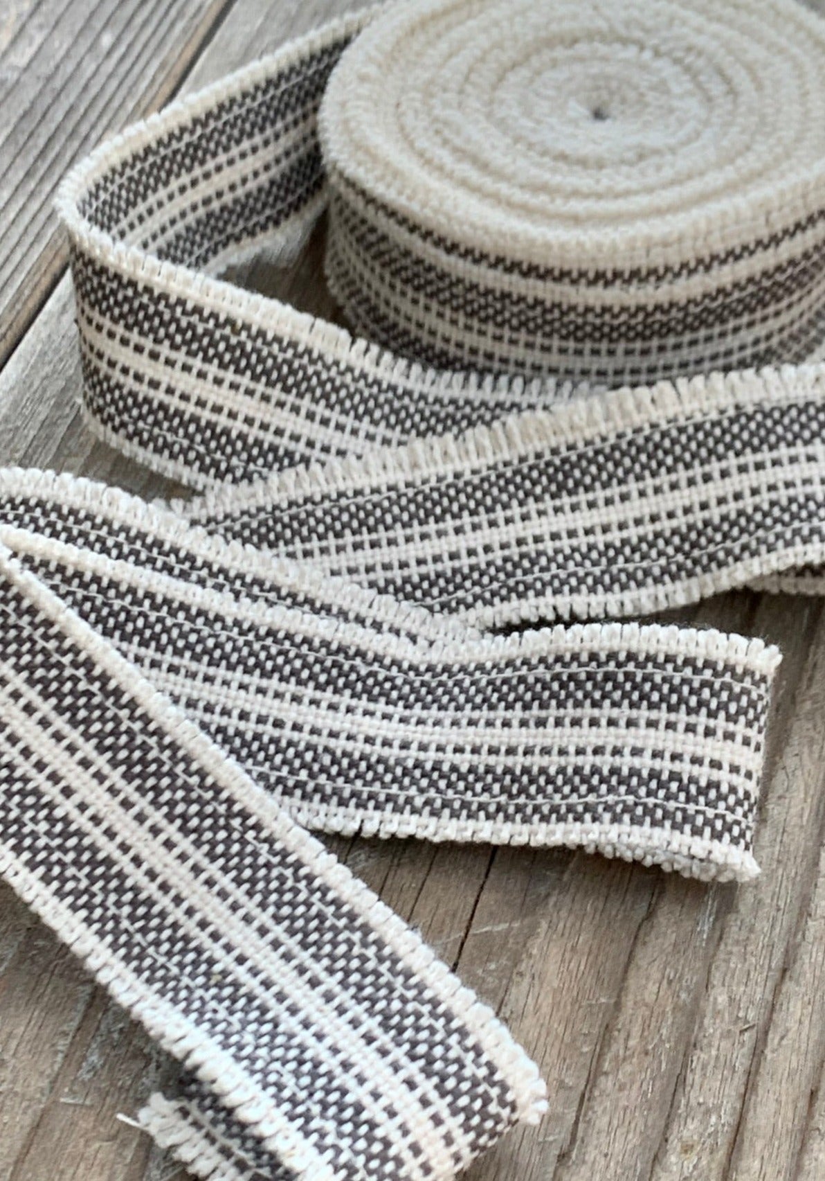 Grain Sack Ribbon - Gray & Cream Frayed Edge - 1 3/4" Wide
