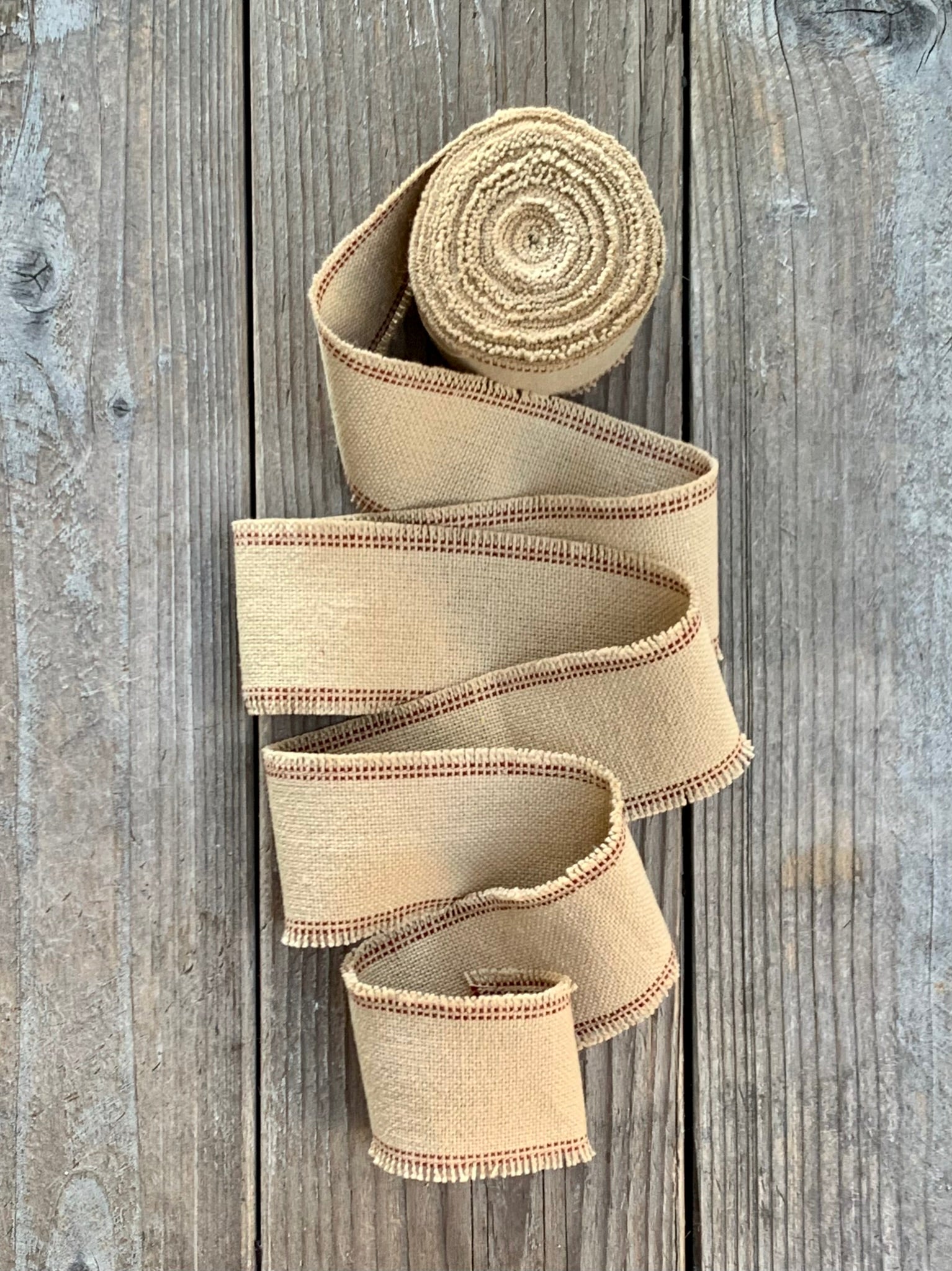 Grain Sack Ribbon - Red and Beige Frayed Edge - 2 1/4" Wide