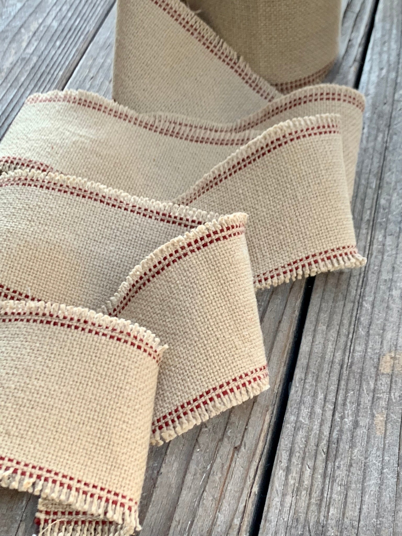 Grain Sack Ribbon - Red and Beige Frayed Edge - 2 1/4" Wide