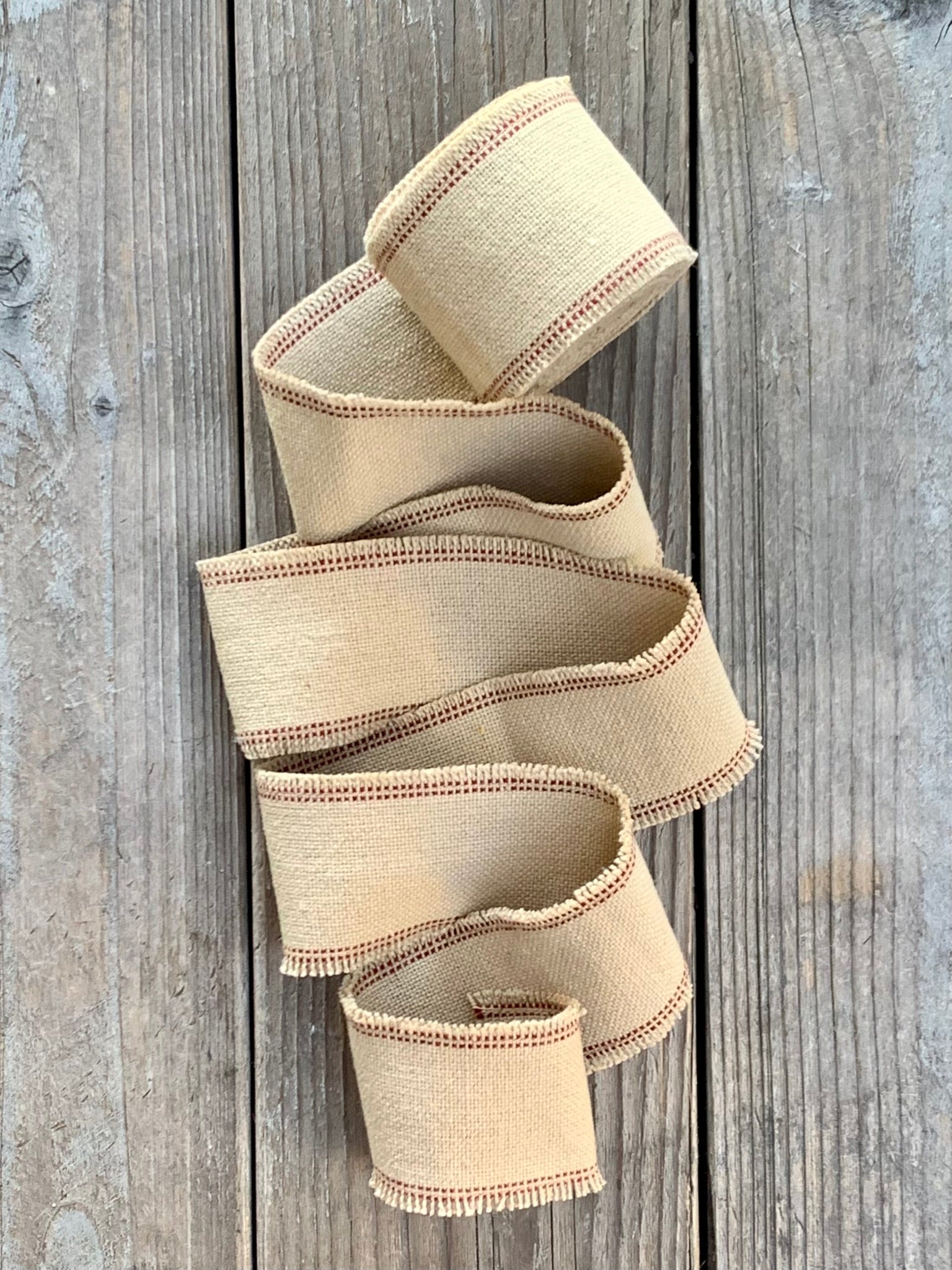 Grain Sack Ribbon - Red and Beige Frayed Edge - 2 1/4" Wide