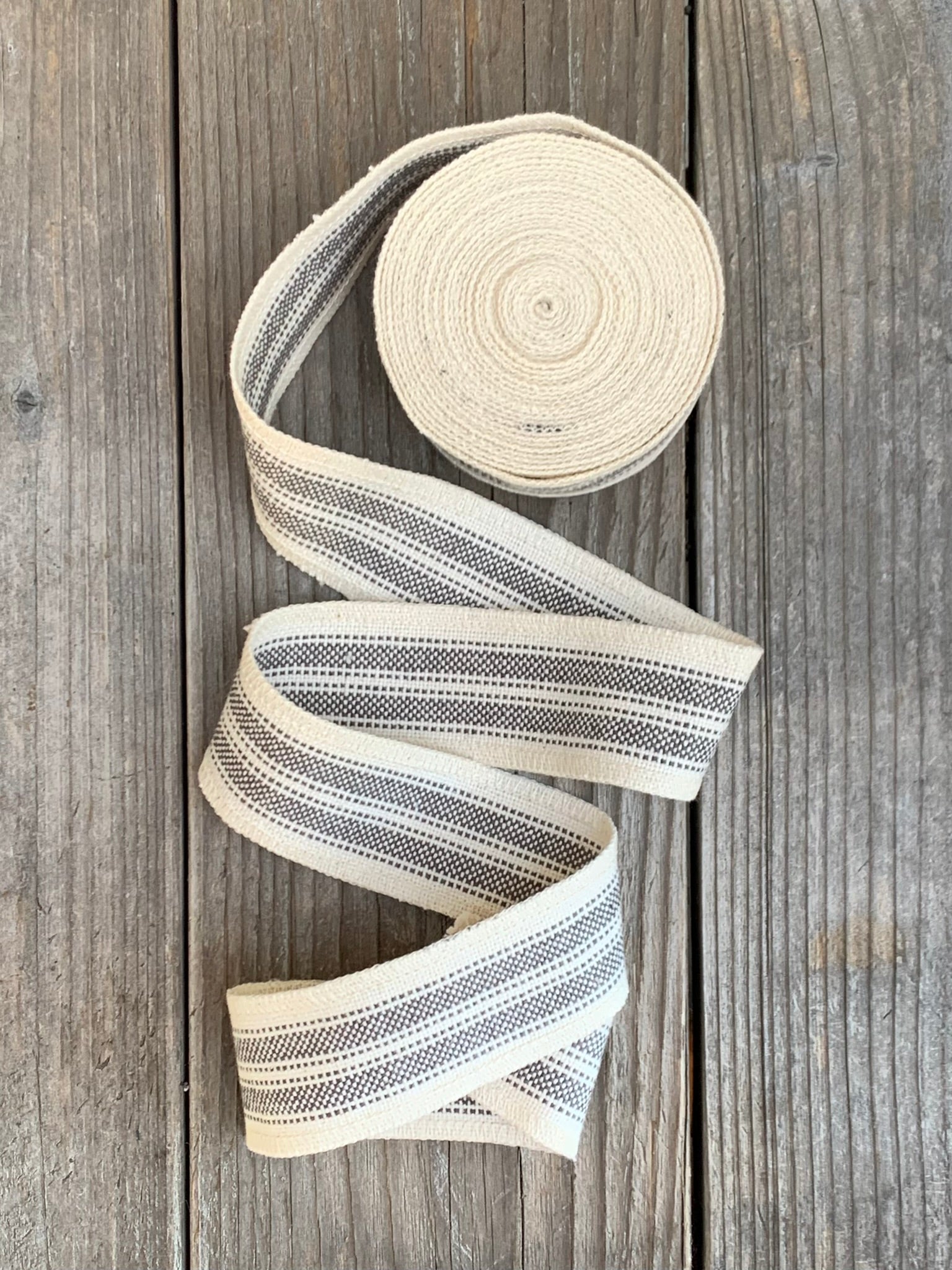 Grain Sack Ribbon - Gray and Cream Stripe - 1 3/4" Wide