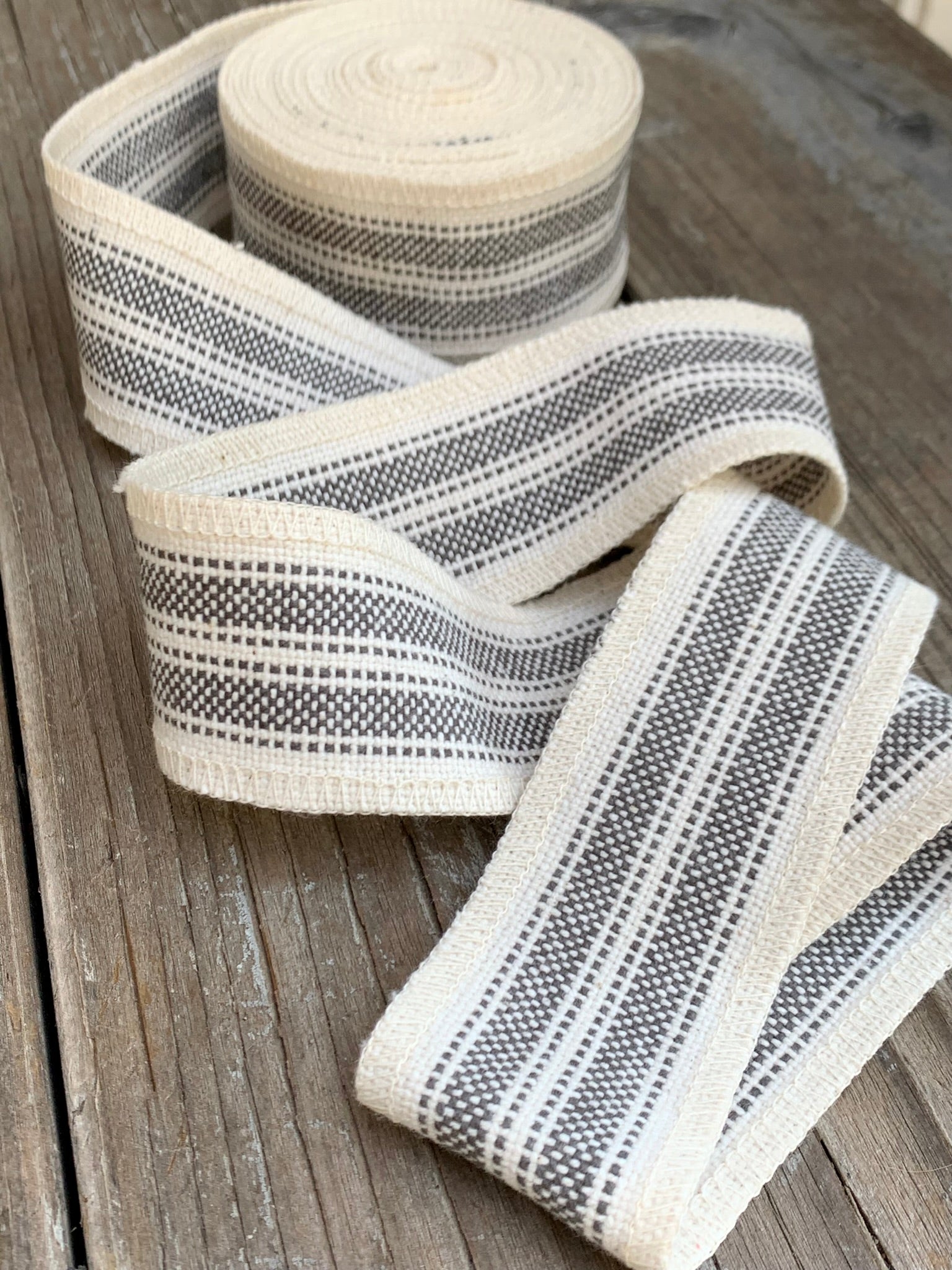 Grain Sack Ribbon - Gray and Cream Stripe - 1 3/4" Wide
