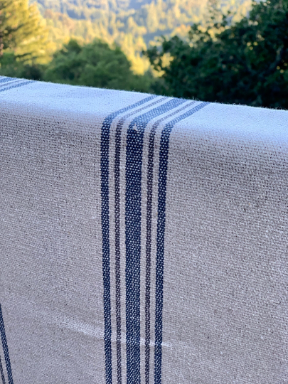 Blue and Gray Stripes on Cream - Grain Sack Fabric