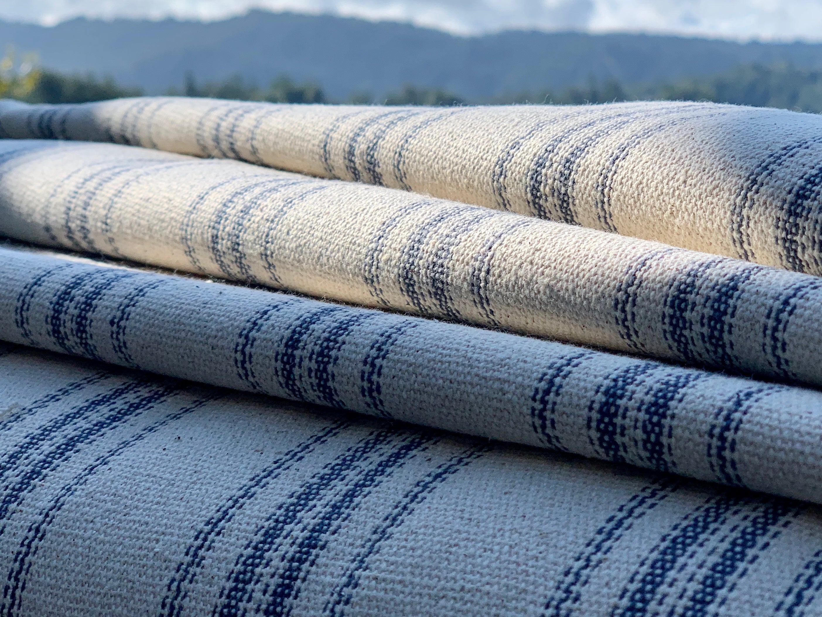 Blue Multi Stripes on Cream - Grain Sack Fabric