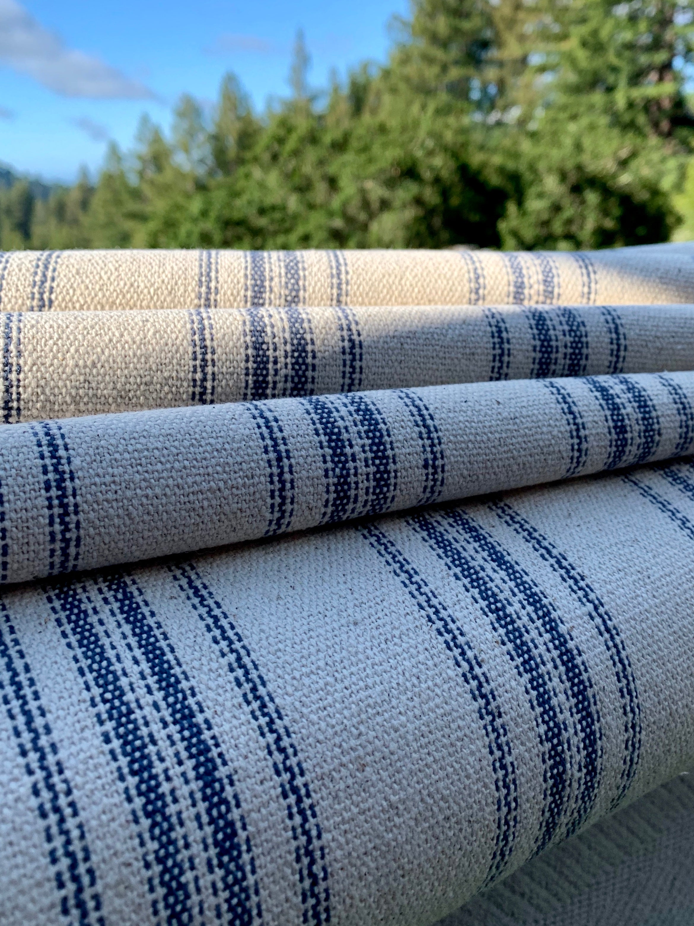 Blue Multi Stripes on Cream - Grain Sack Fabric