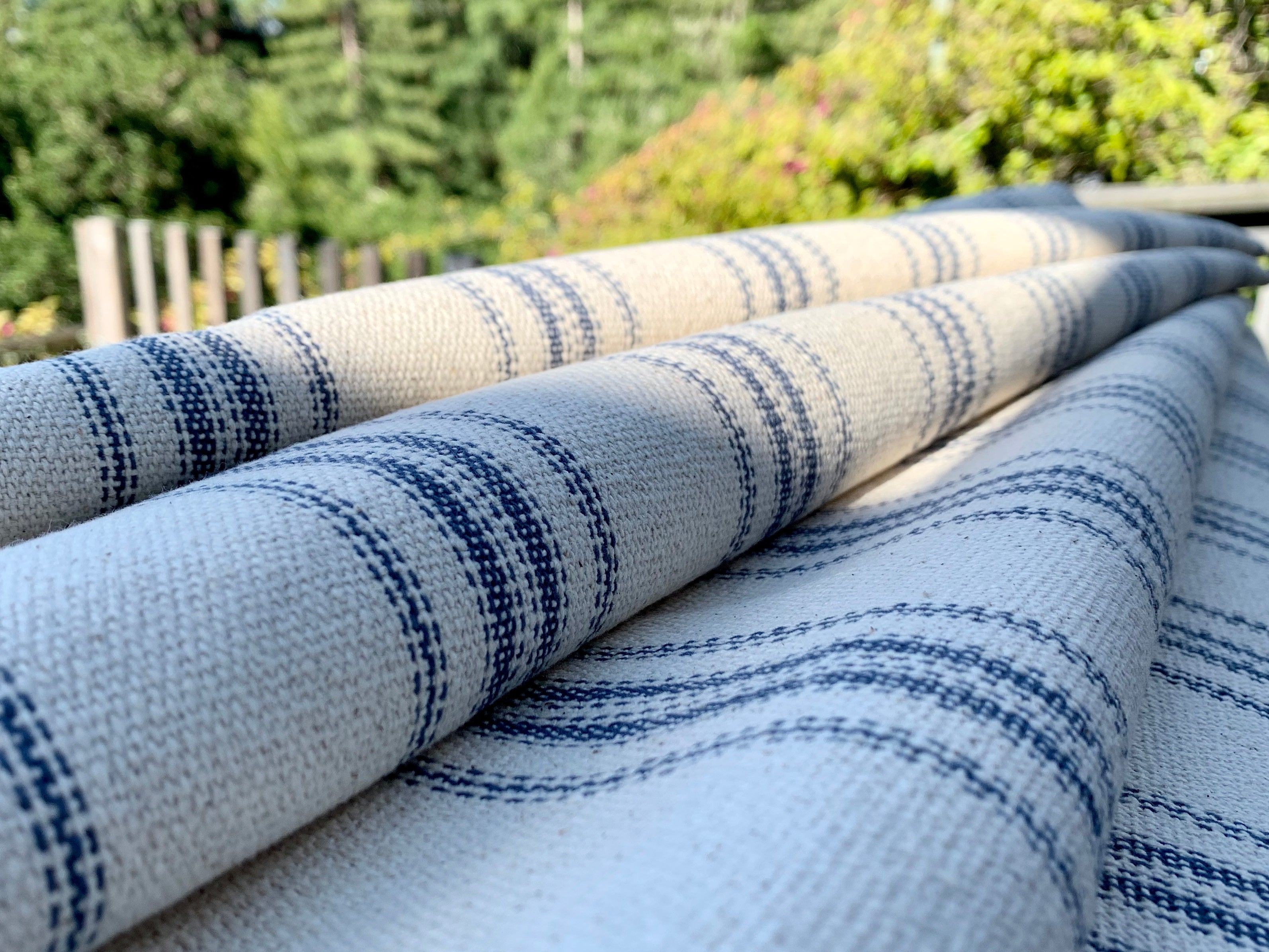 Blue Multi Stripes on Cream - Grain Sack Fabric