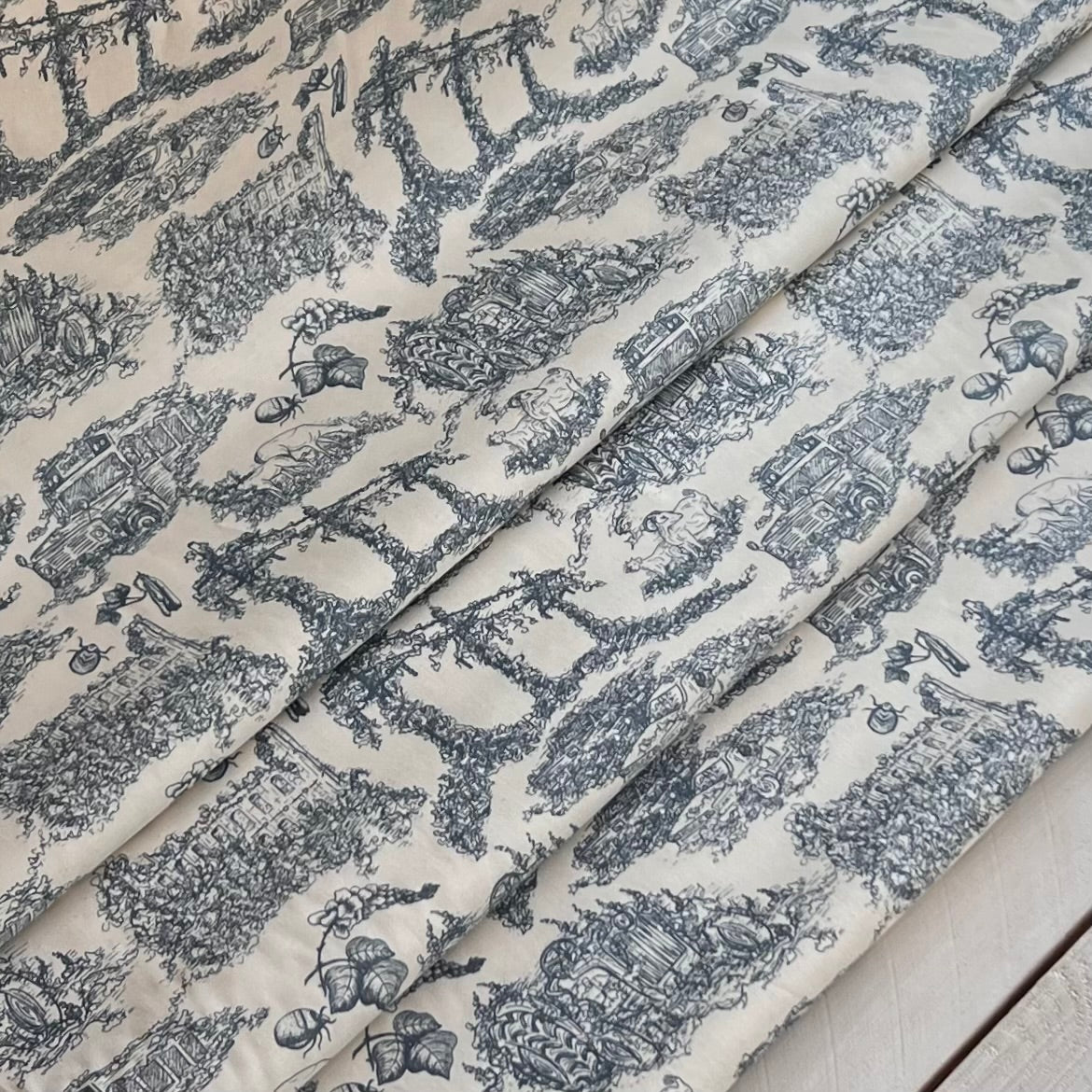 Goat Farm Toile Fabric by Paint Brush Studio Fabrics - Kadzu Take Over Blue 380-4056