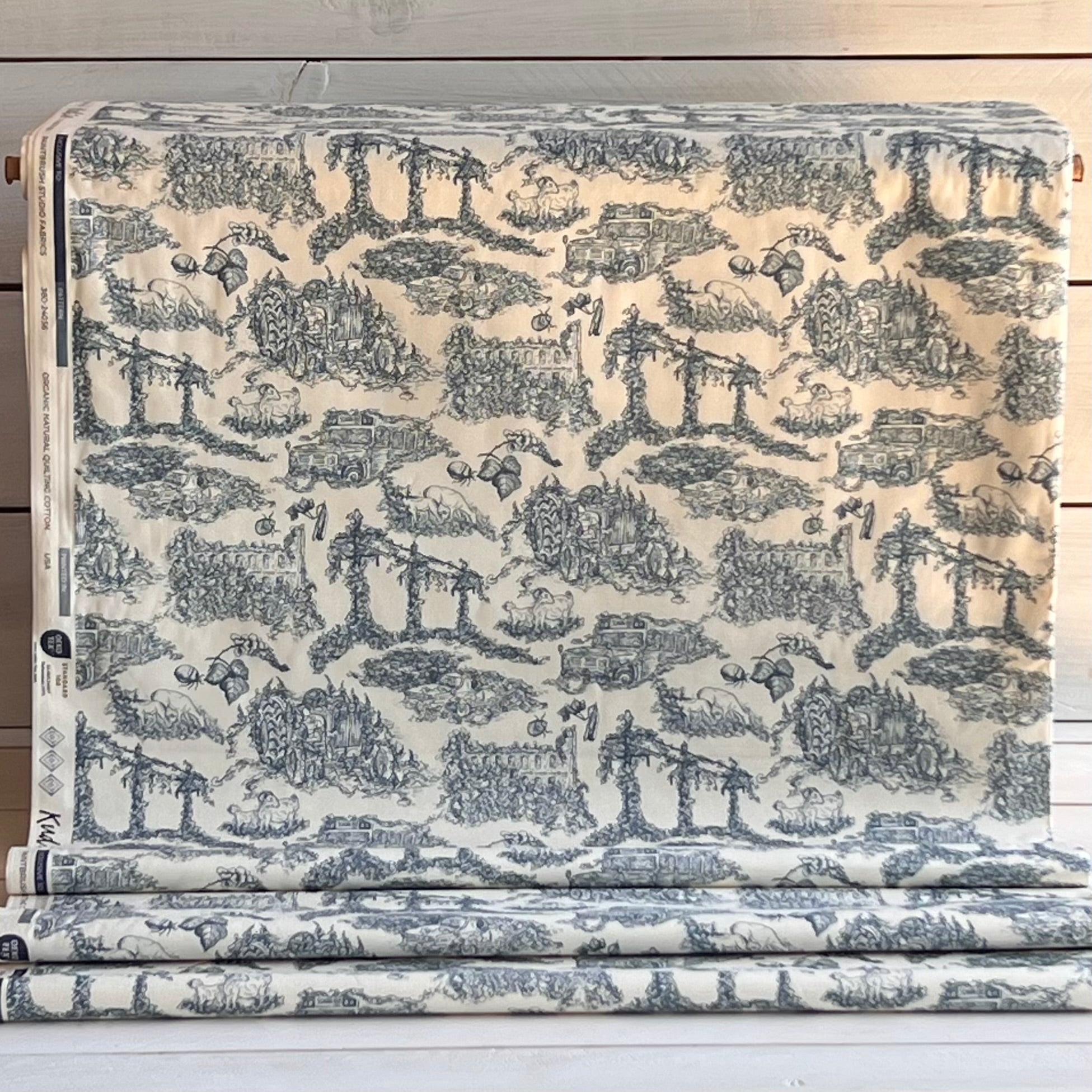 Goat Farm Toile Fabric by Paint Brush Studio Fabrics - Kadzu Take Over Blue 380-4056
