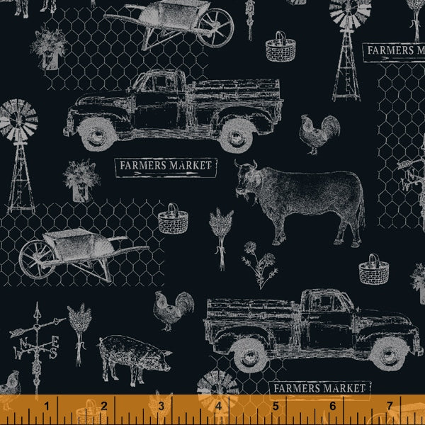 Farm Toile From Farmers Market Collection by Whistler Studios and Milled by Windham Fabrics- Black 52765-2 Cotton Fabric