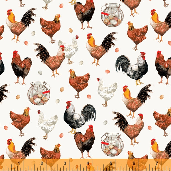 Chickens From Farmers Market Collection by Whistler Studios and Milled by Windham Fabrics- White 52766-1 Cotton Fabric