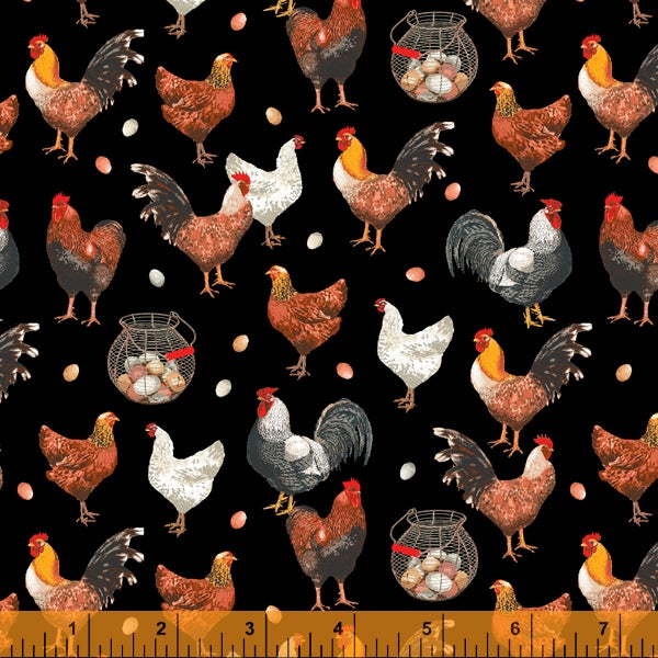 Chickens From Farmers Market Collection by Whistler Studios and Milled by Windham Fabrics- Black 52766-2 Cotton Fabric