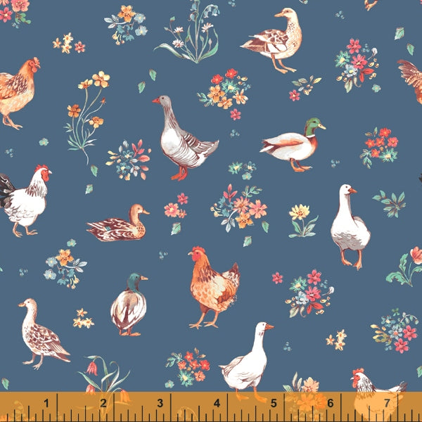 Farm Fowl, Farm Meadow by Clare Therese Gray Windham Fabrics - Blue 52795-9 Cotton Fabric
