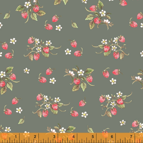 Strawberries Farm Meadow by Clare Therese Gray Windham Fabrics - Slate Green 52796-10  Cotton Fabric