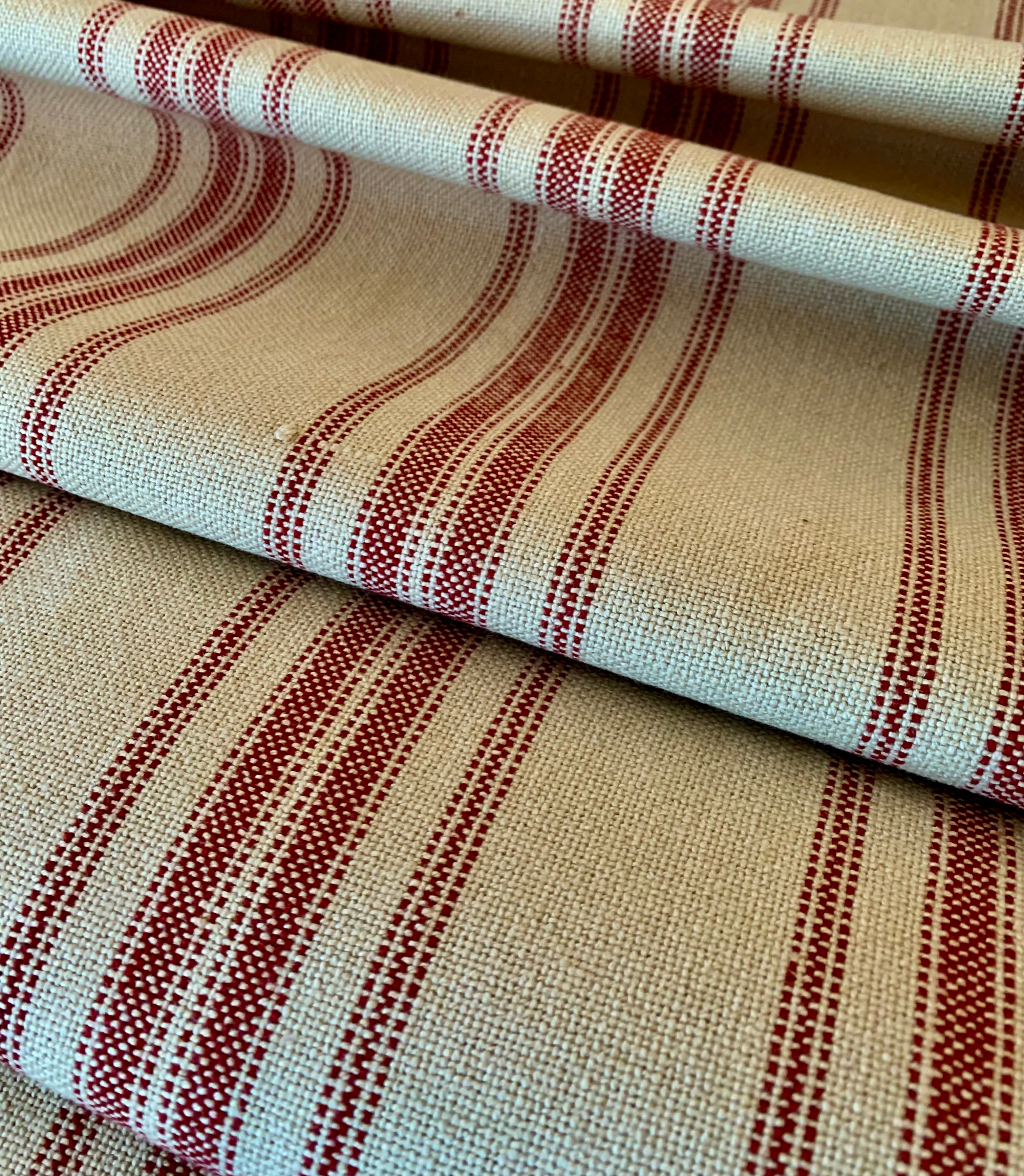 Our Exclusive 63" Red on Tan/Beige Multi-Stripe - Grain Sack Fabric