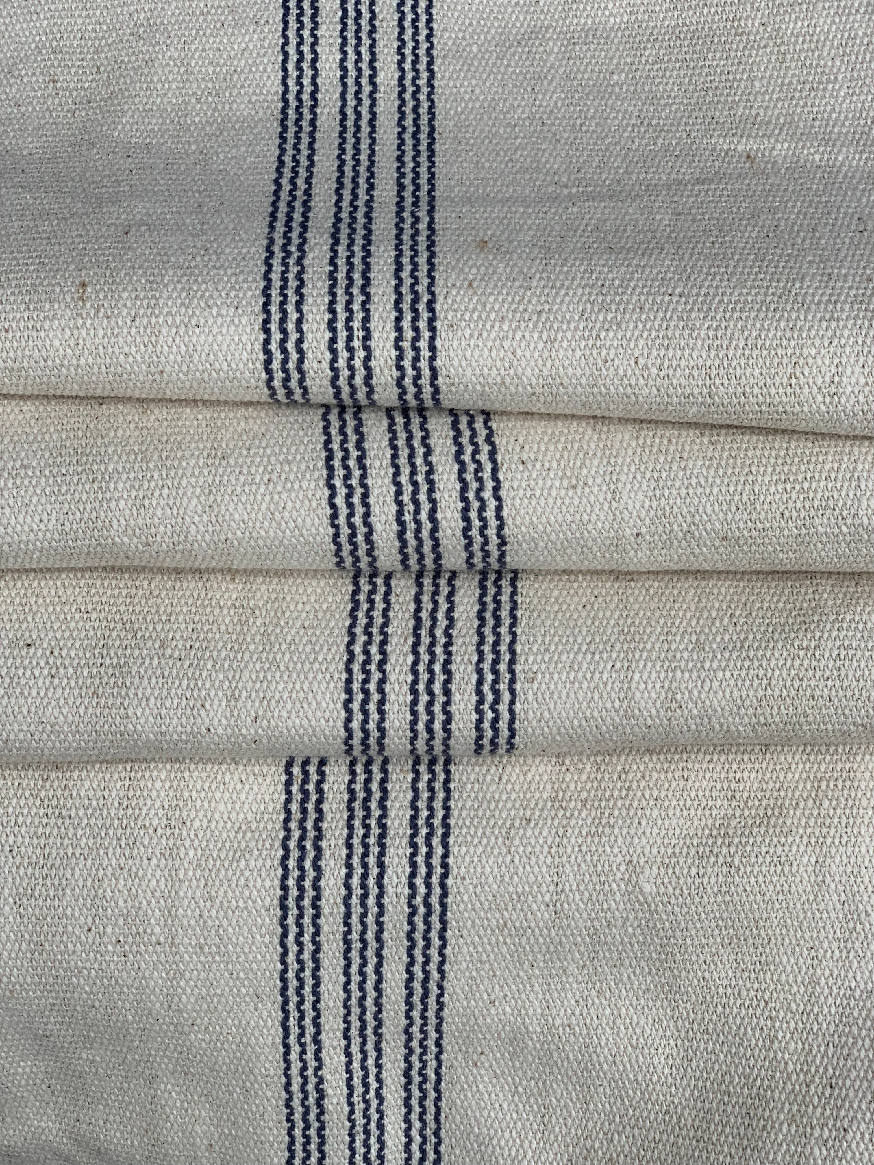 Grain Sack Fabric - Three Set Blue Stripes on Cream