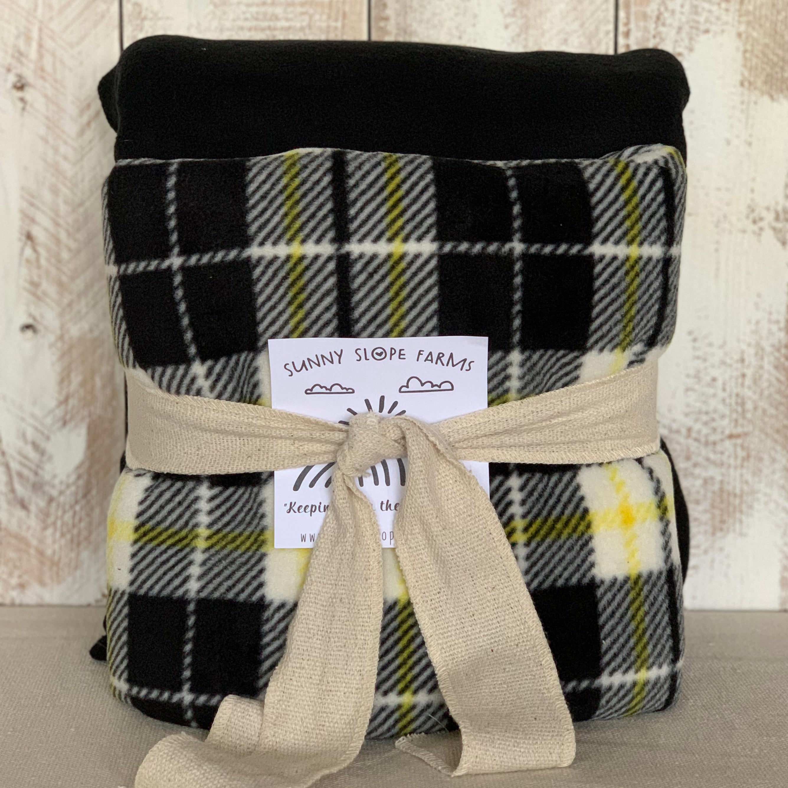 No Sew Blanket Kit - Black, White, Yellow Plaid - Personalization Available