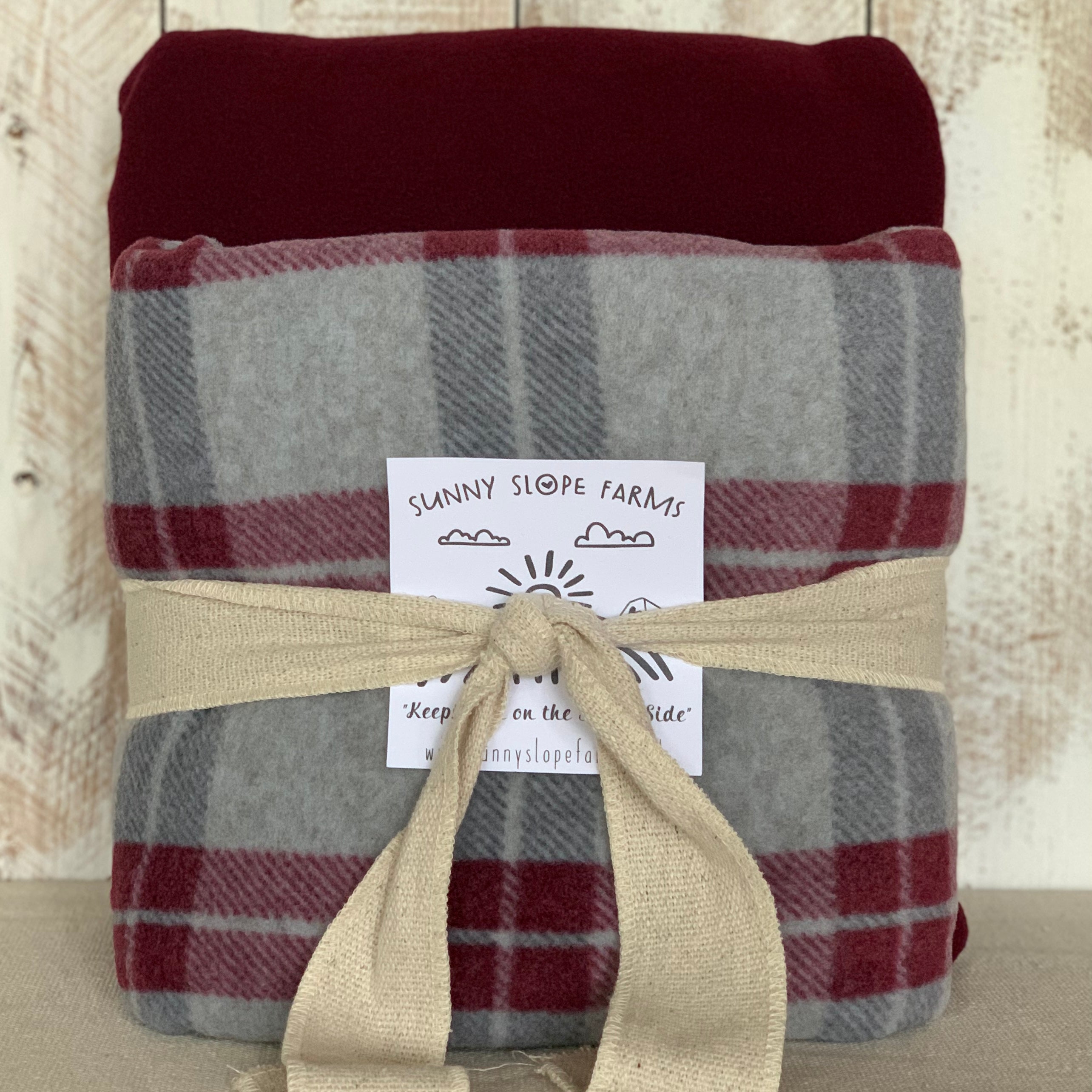 No Sew Blanket Kit - Burgundy and Grey Plaid - Personalization Available