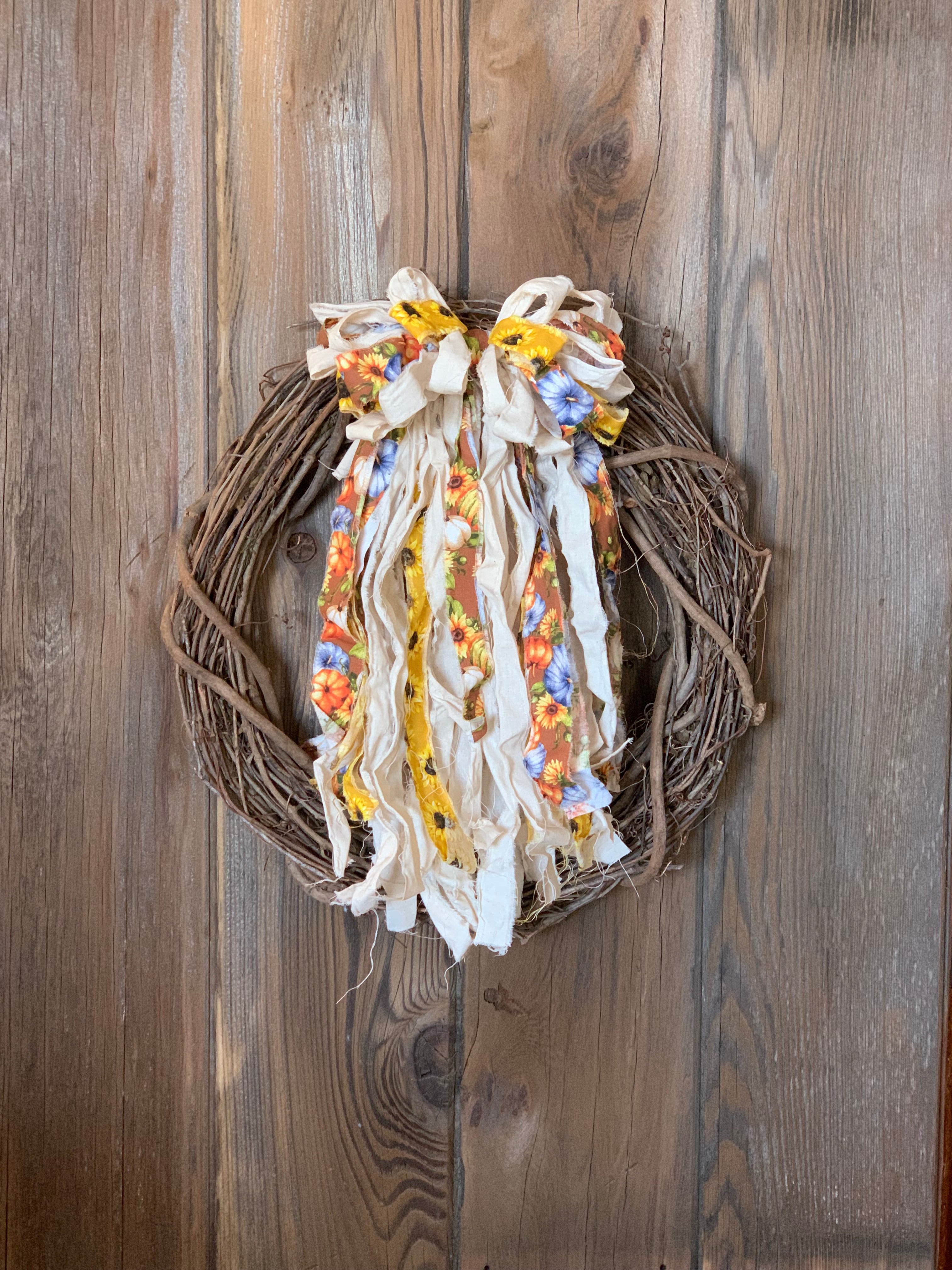 Fall Rag Bow in Natural, Sunflowers, & Pumpkins