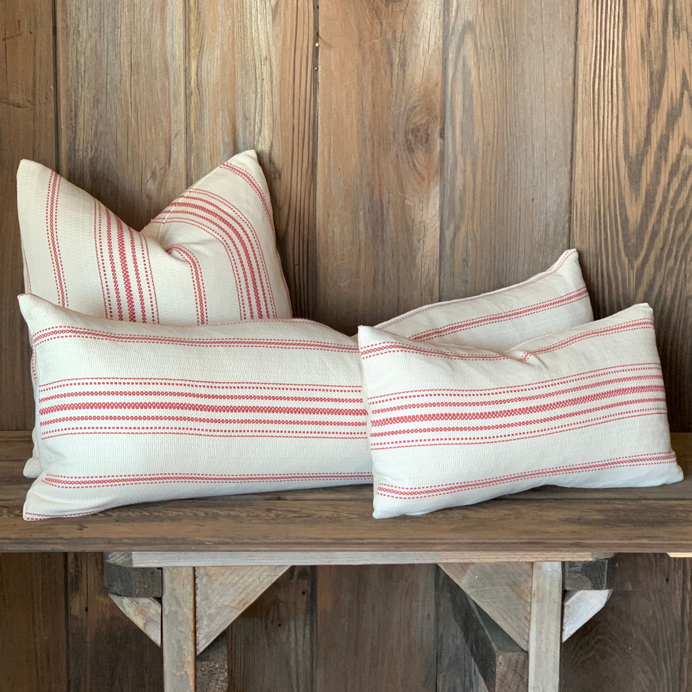 Red Grain Sack Style Striped Farmhouse Pillow