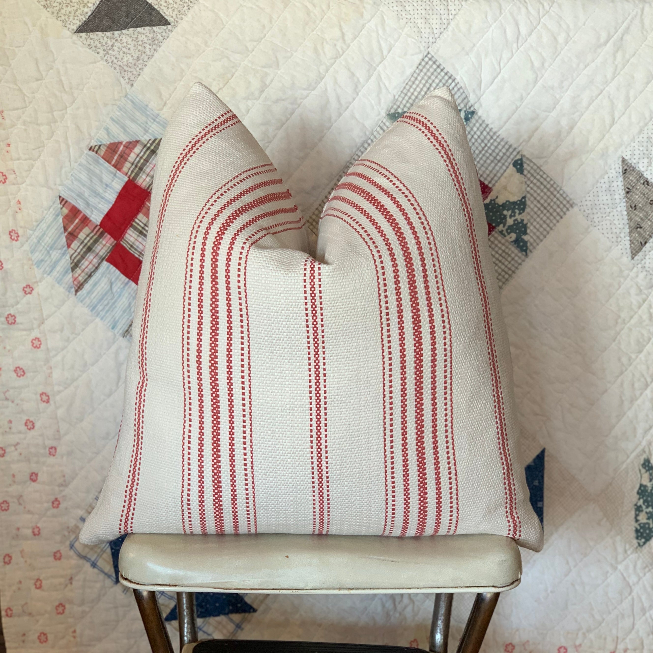 Red Grain Sack Style Striped Farmhouse Pillow