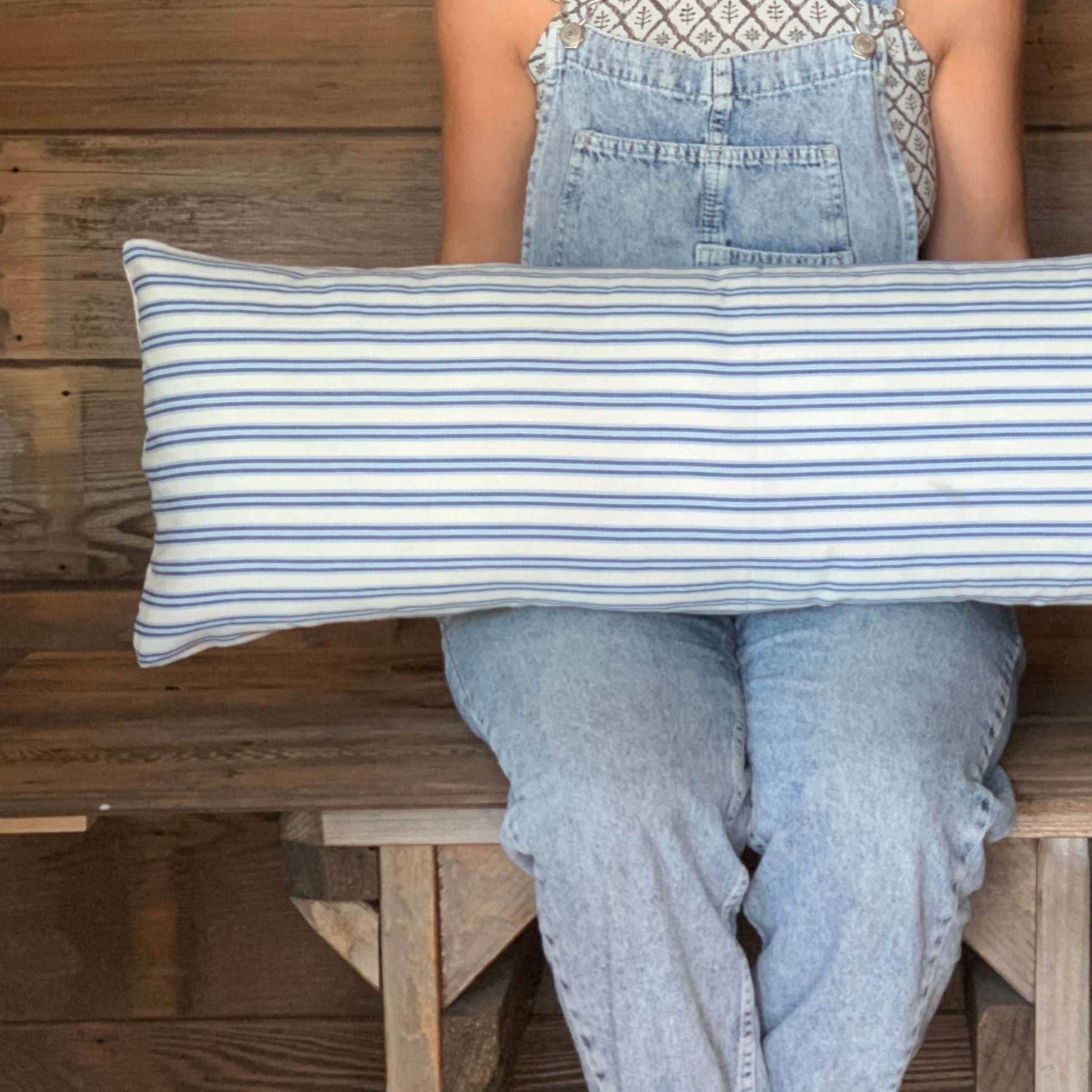 Blue Ticking Striped Farmhouse Pillow