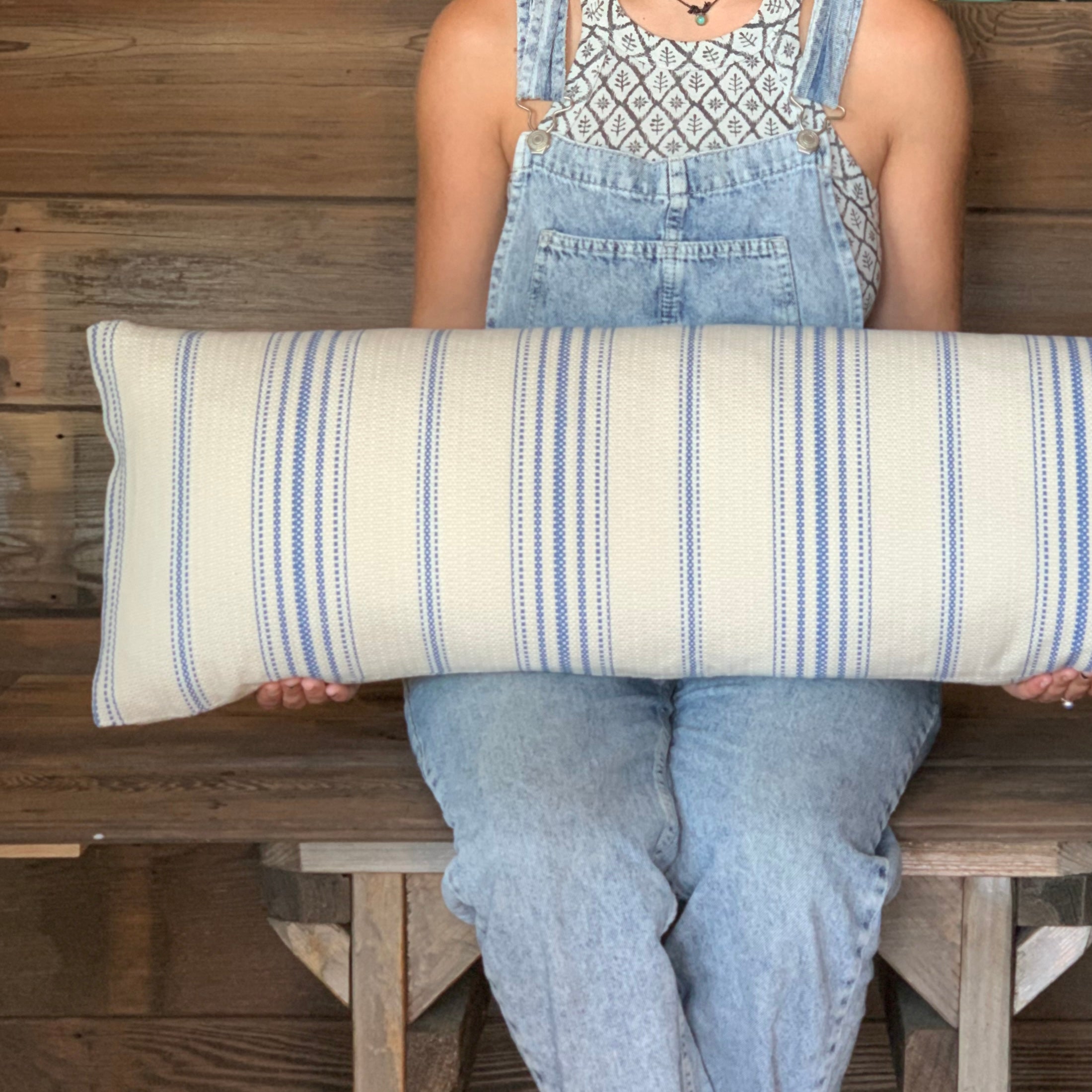 Blue Grain Sack Style Striped Farmhouse Pillow