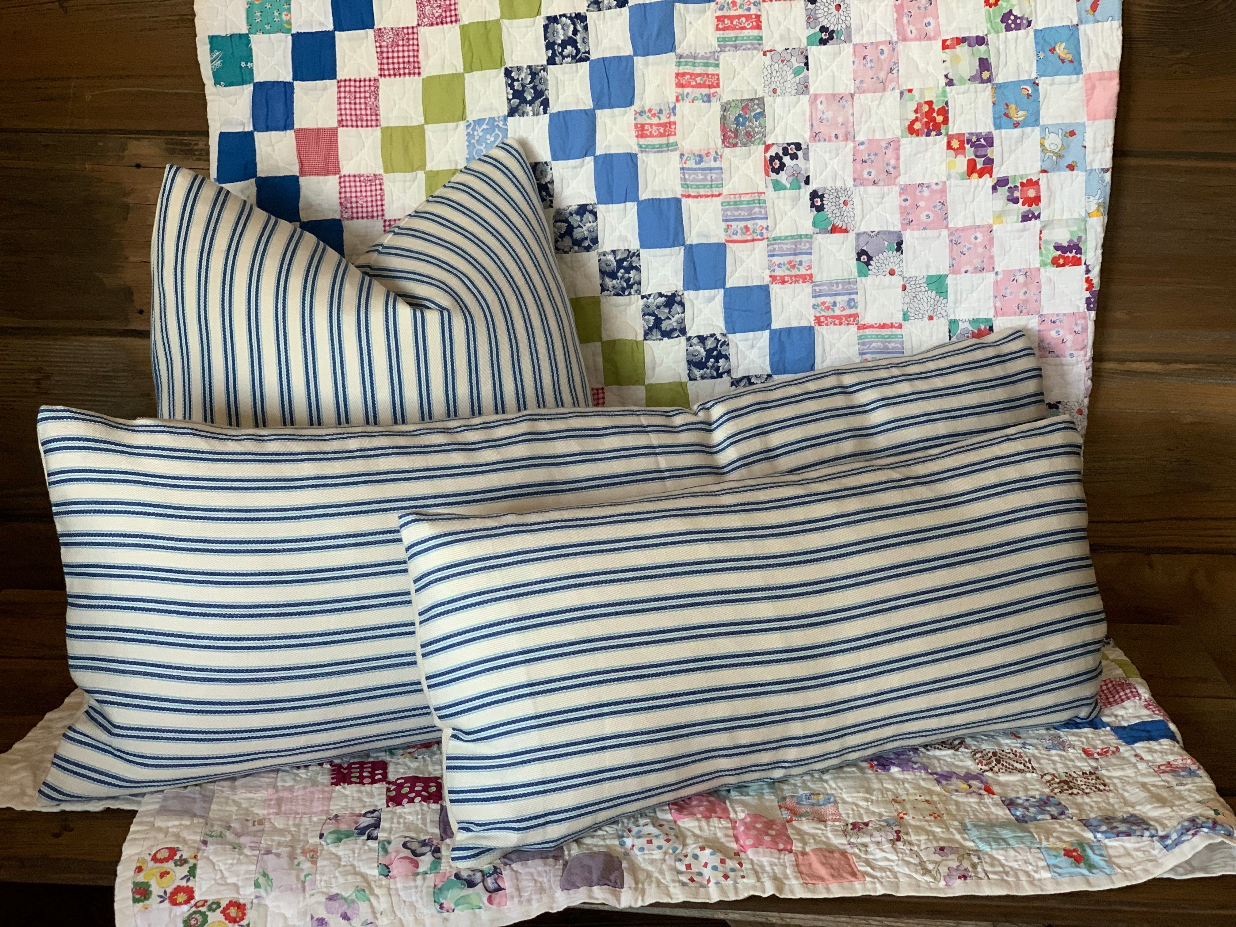 Blue Ticking Striped Farmhouse Pillow