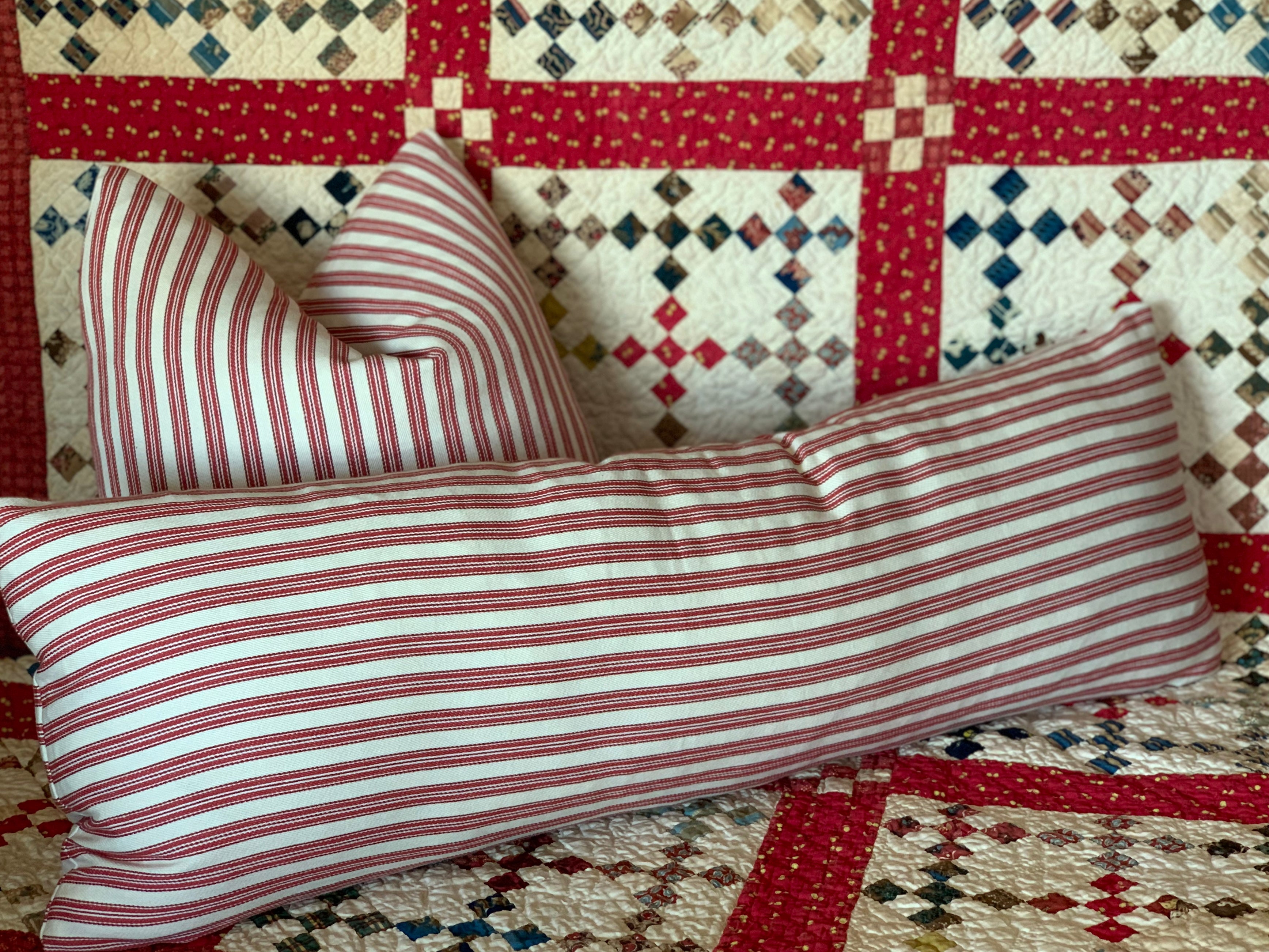 Red Ticking Striped Farmhouse Pillow