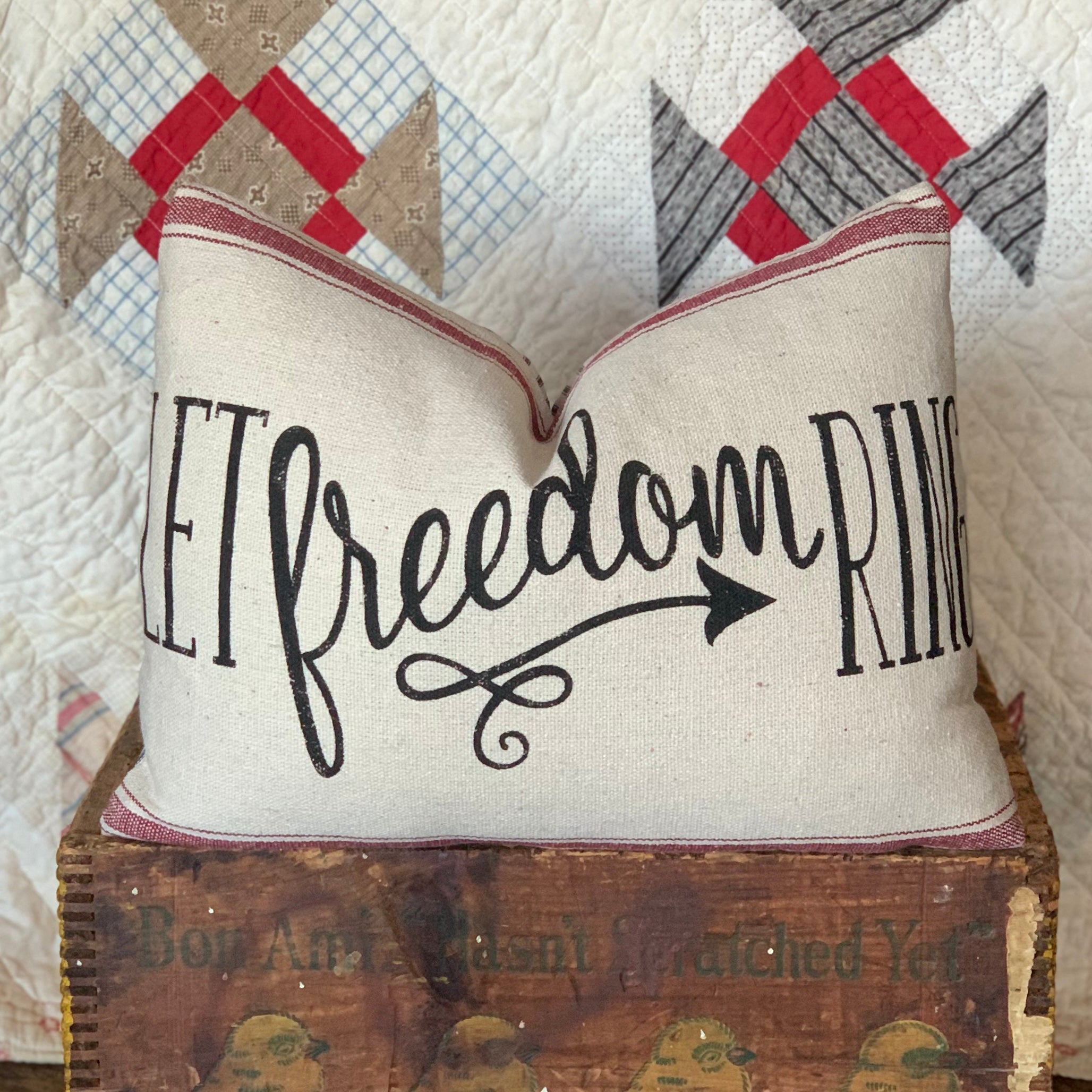 Let Freedom Ring Grain sack Farmhouse Pillow