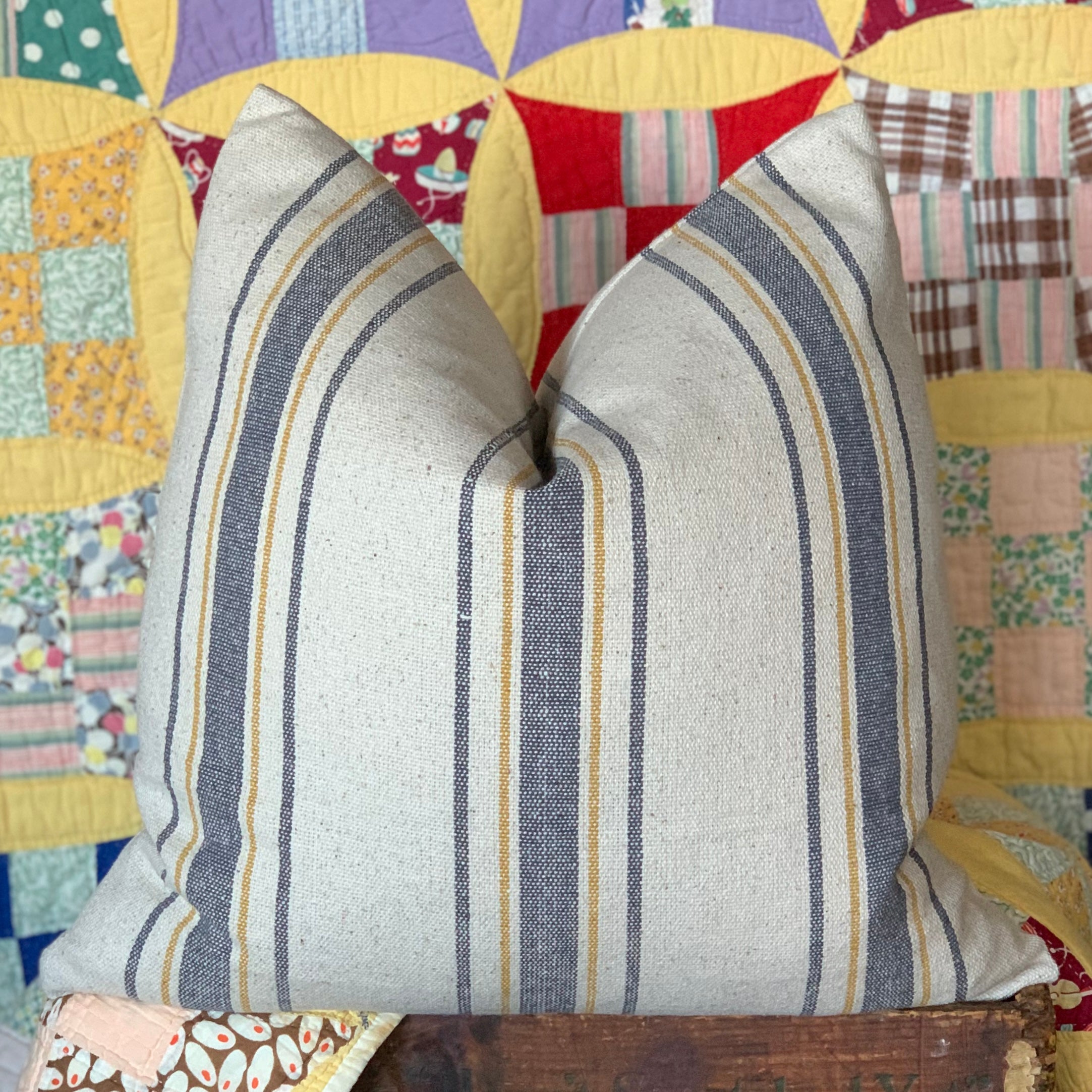 Blue and Yellow Grain Sack Striped Farmhouse Pillow