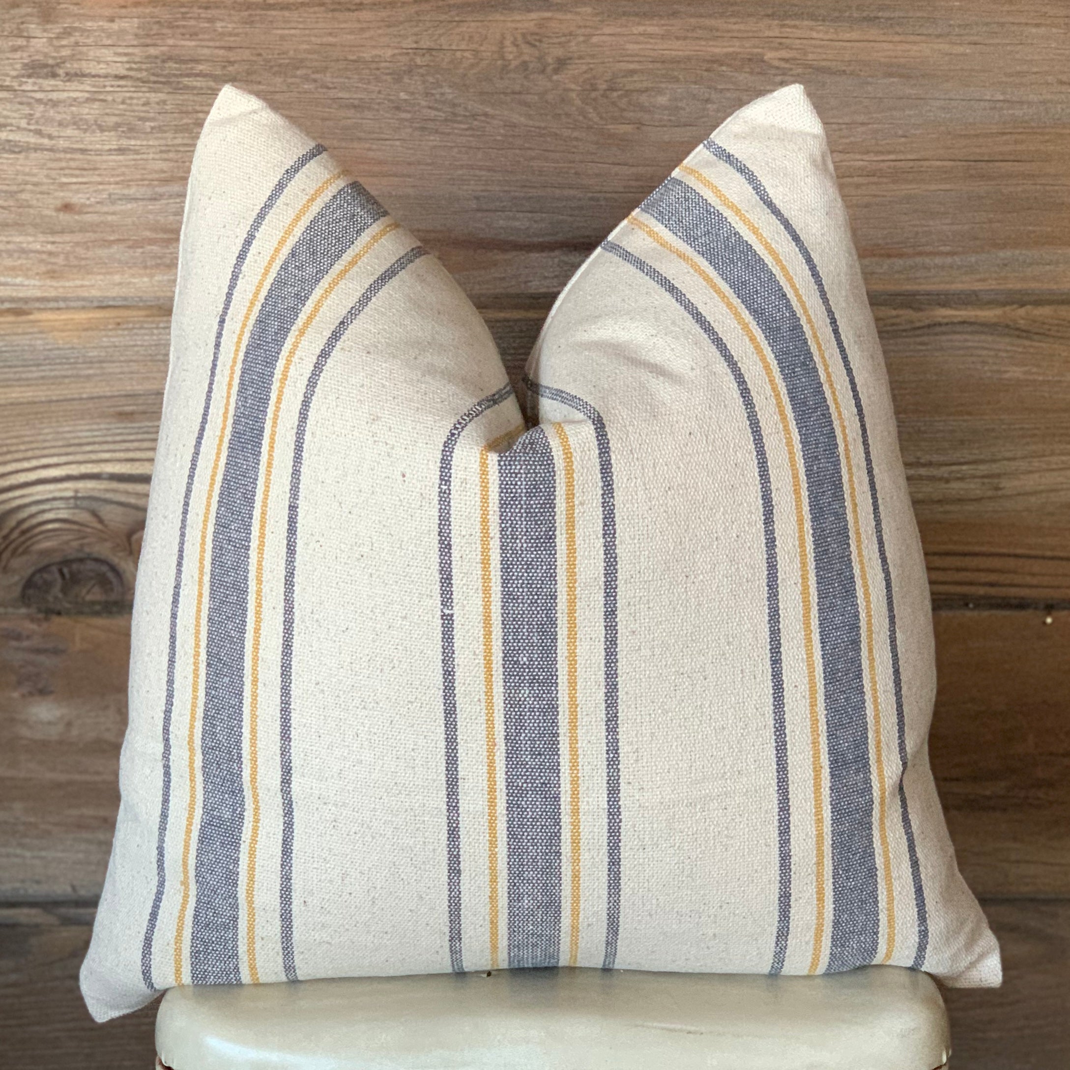 Blue and Yellow Grain Sack Striped Farmhouse Pillow