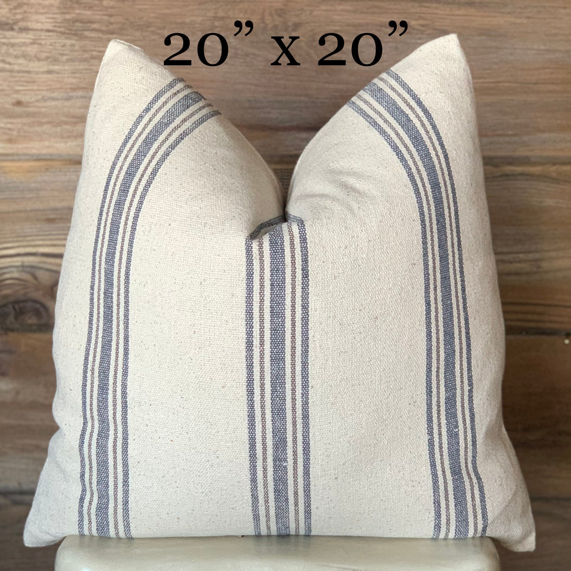 Blue Gray Grain Sack Striped Farmhouse Pillow