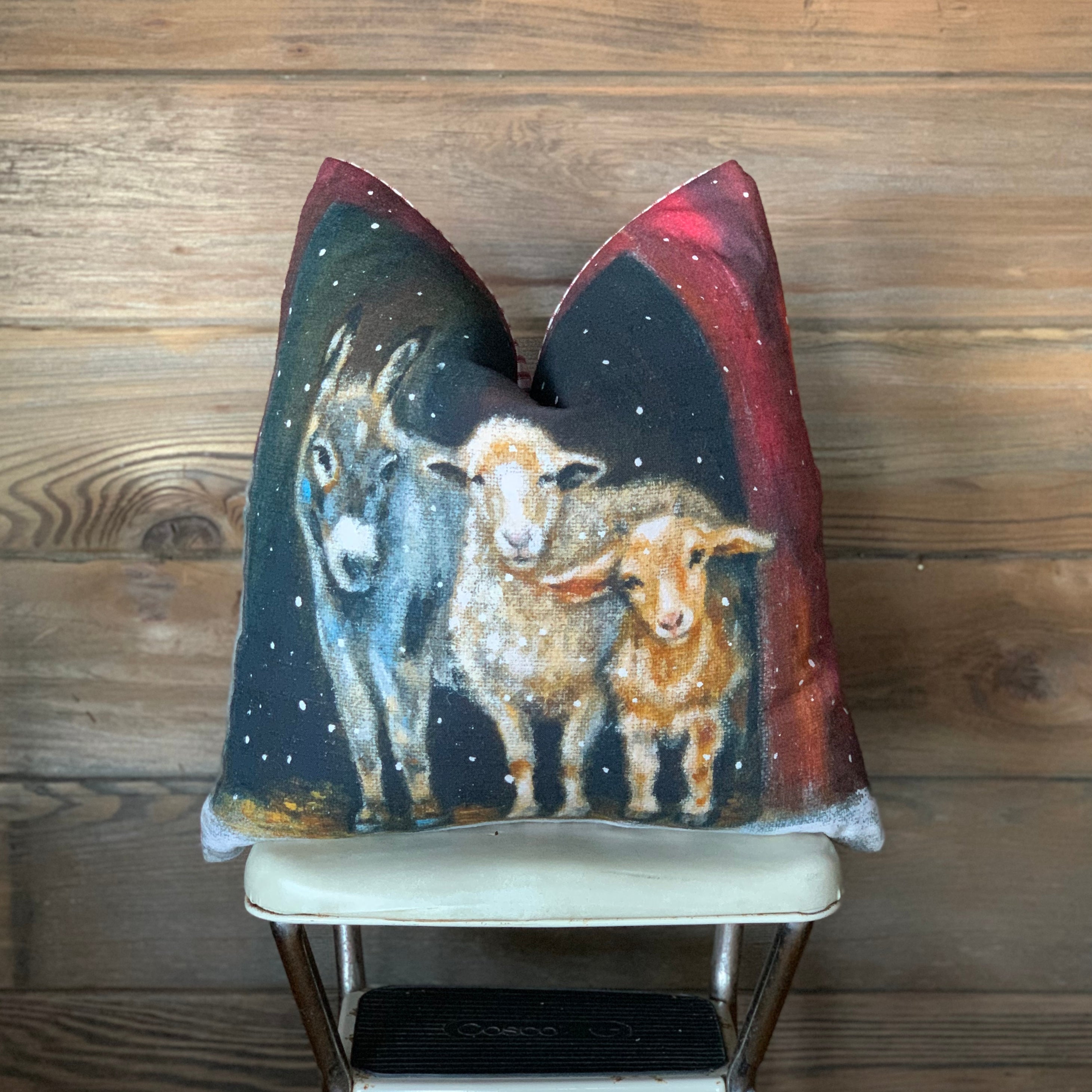 Christmas Donkey, Sheep, & Lamb in a Barn Pillow