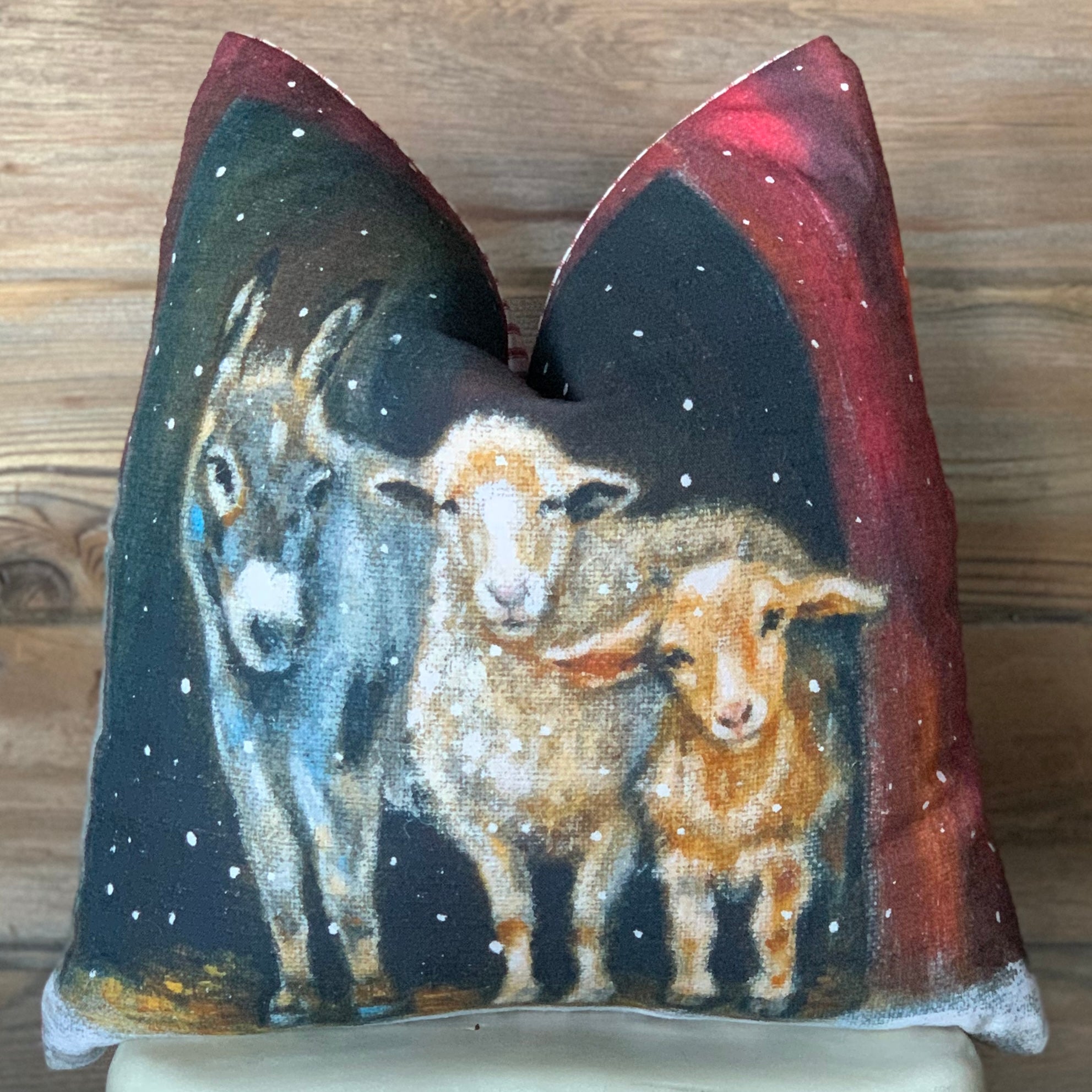Christmas Donkey, Sheep, & Lamb in a Barn Pillow