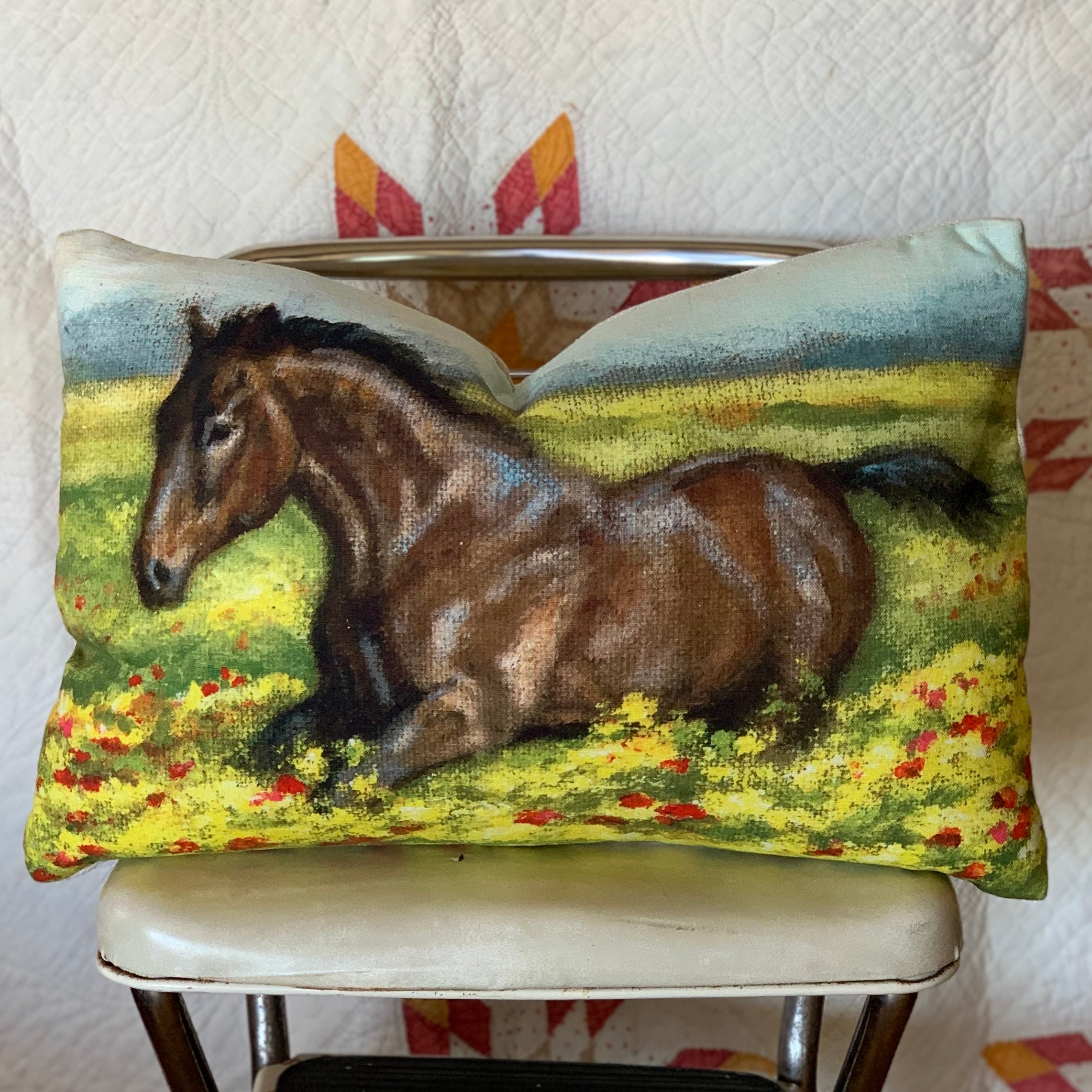 Horse in a Flower Pasture Pillow
