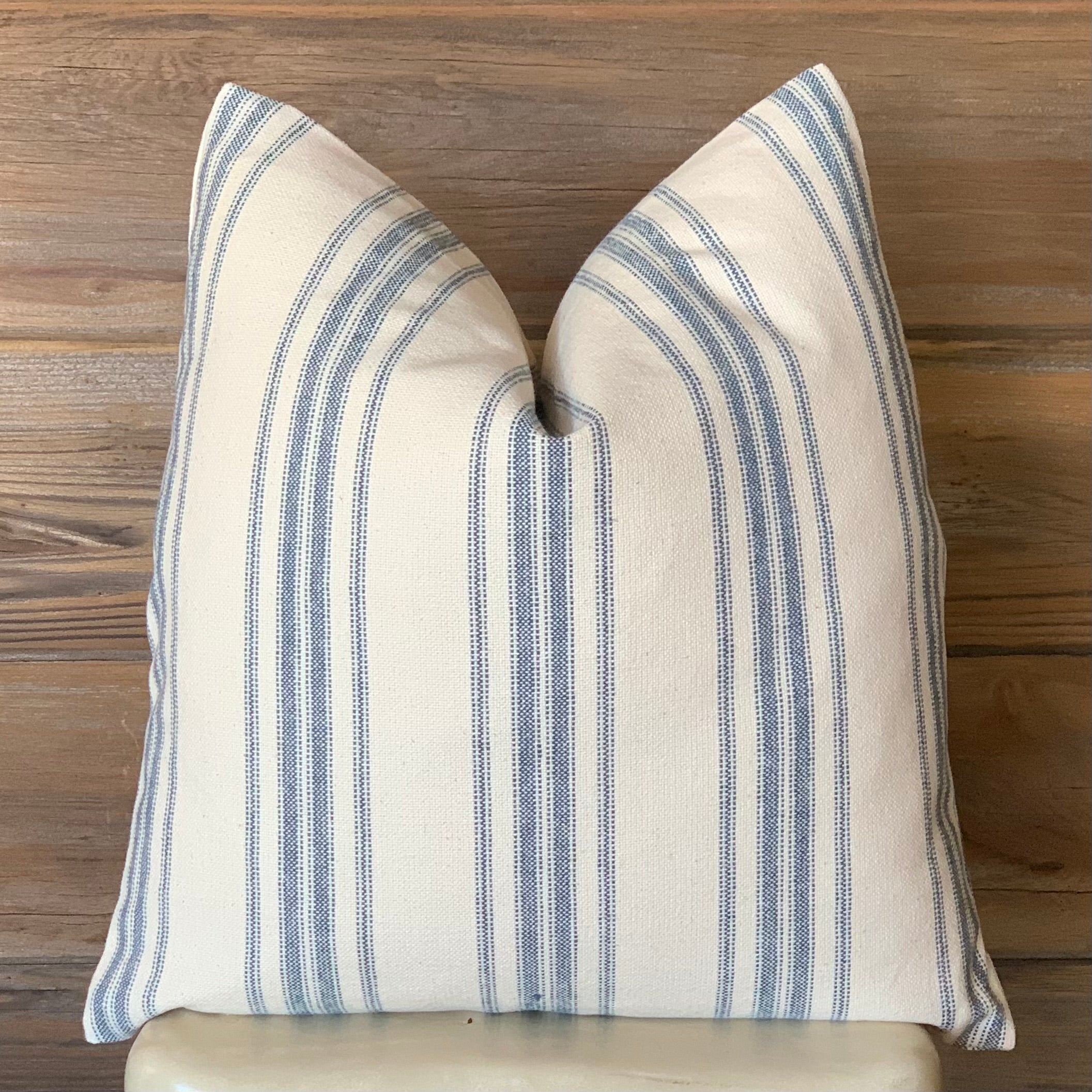 Blue Grain Sack Style Striped Farmhouse Pillow