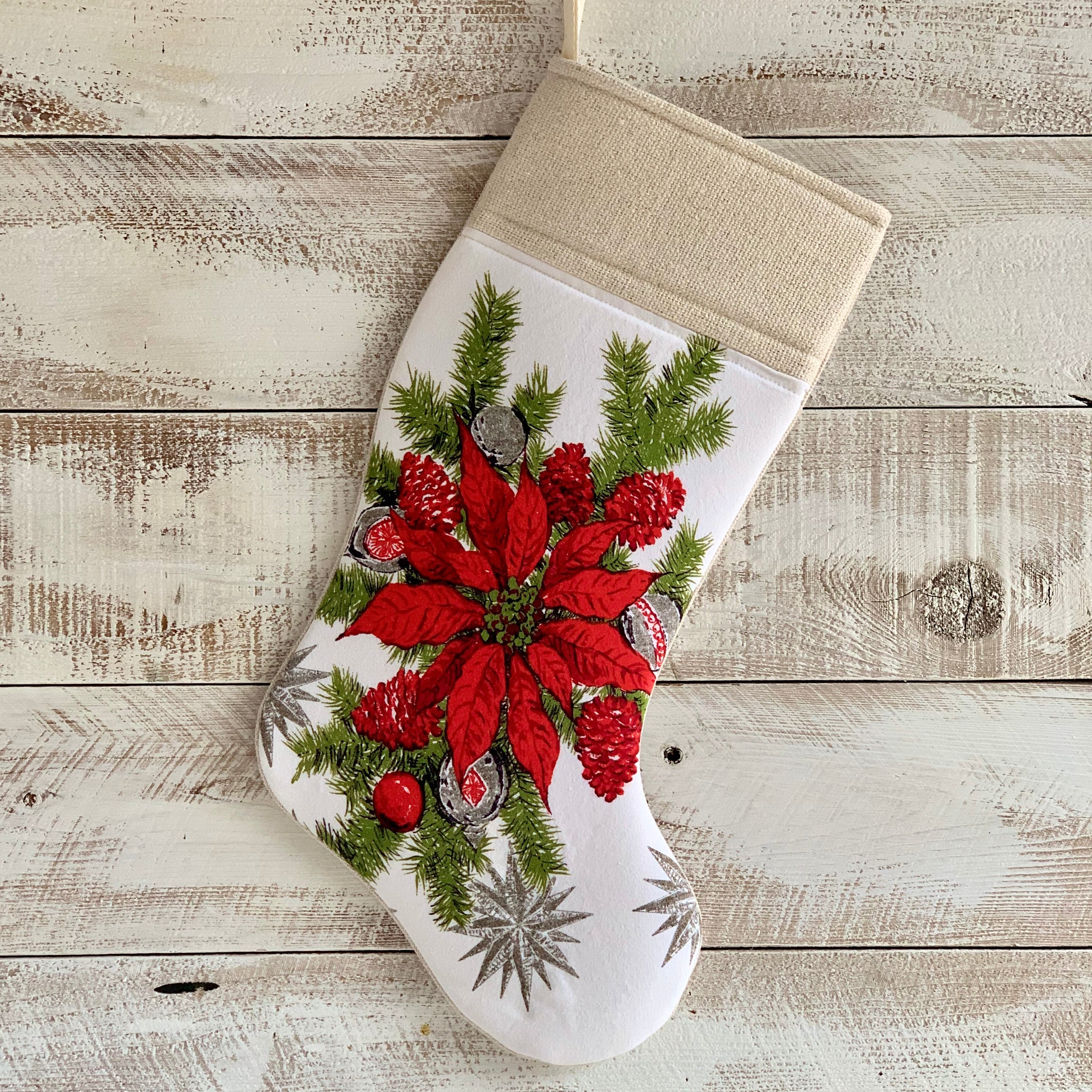 Vintage Linen Christmas Stocking - Poinsettia