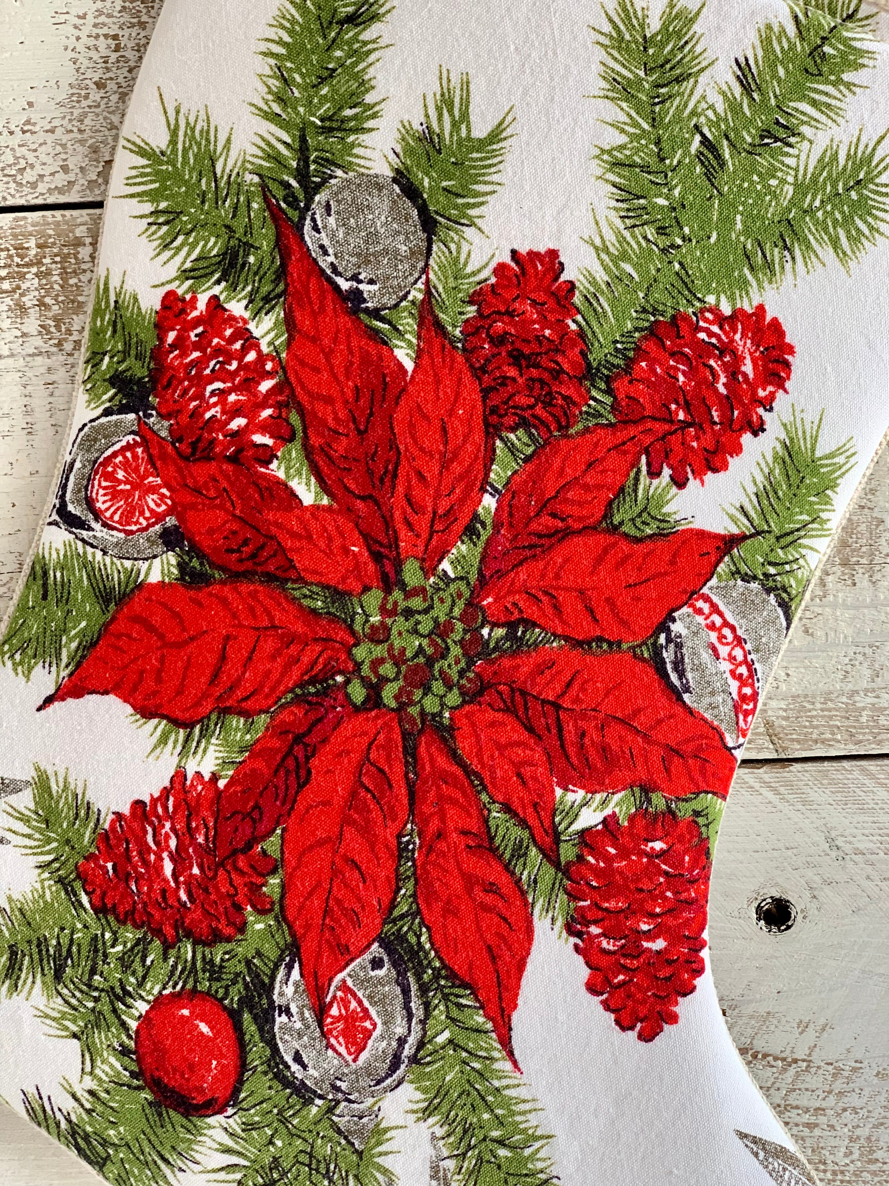 Vintage Linen Christmas Stocking - Poinsettia