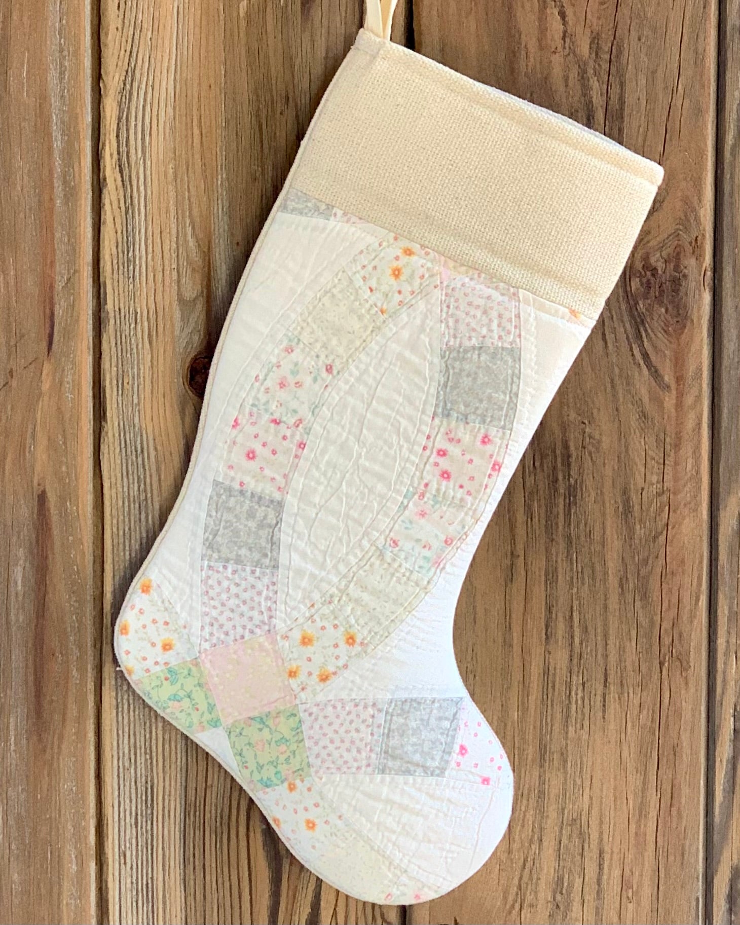 Vintage Quilt Christmas Stocking - White and Pastels