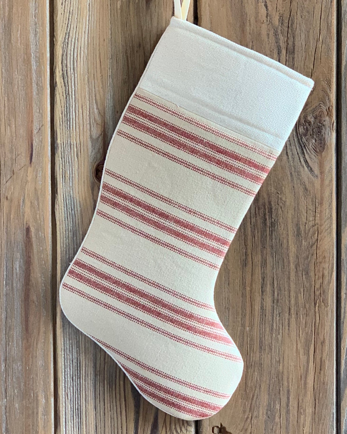 Grain Sack Christmas Stockings - Blue, Red, Black, and Gray - Horizontal Stripe