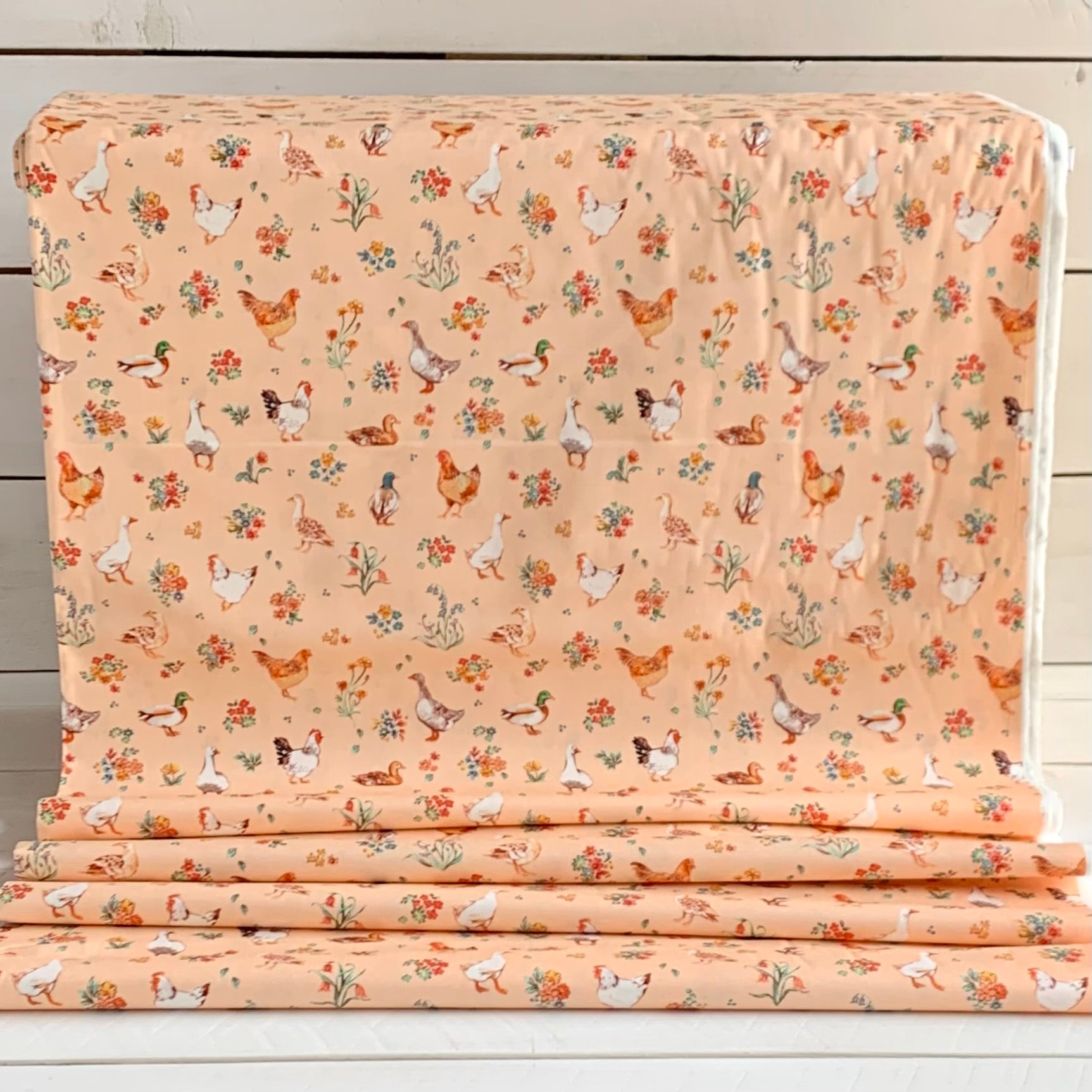 Farm Fowl, Farm Meadow by Clare Therese Gray Windham Fabrics - Peach 52795-8 Cotton Fabric